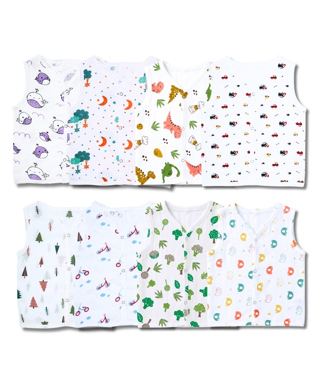 LazyToddler 100% Muslin Woven Pack Of 8 Sleeveless Animal Vegetable & Tree Printed Jhablas - Multi Colour-image-5