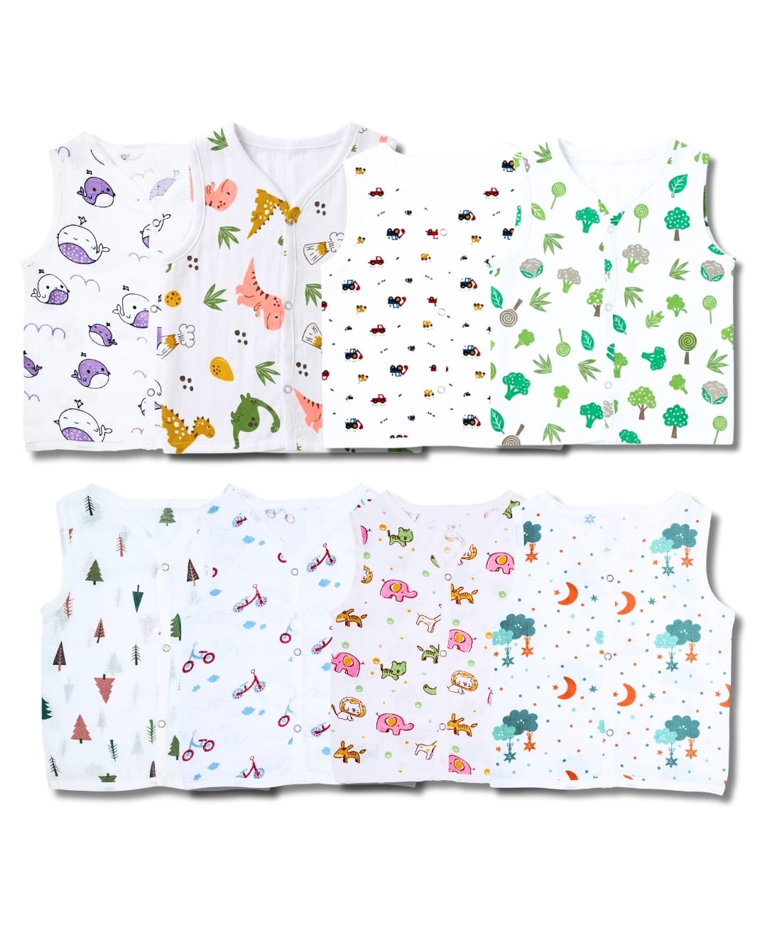 LazyToddler 100% Muslin Woven Pack Of 8 Sleeveless Whale Dinosaur & Vehicle Printed Jhablas - Multi Colour-picture-21