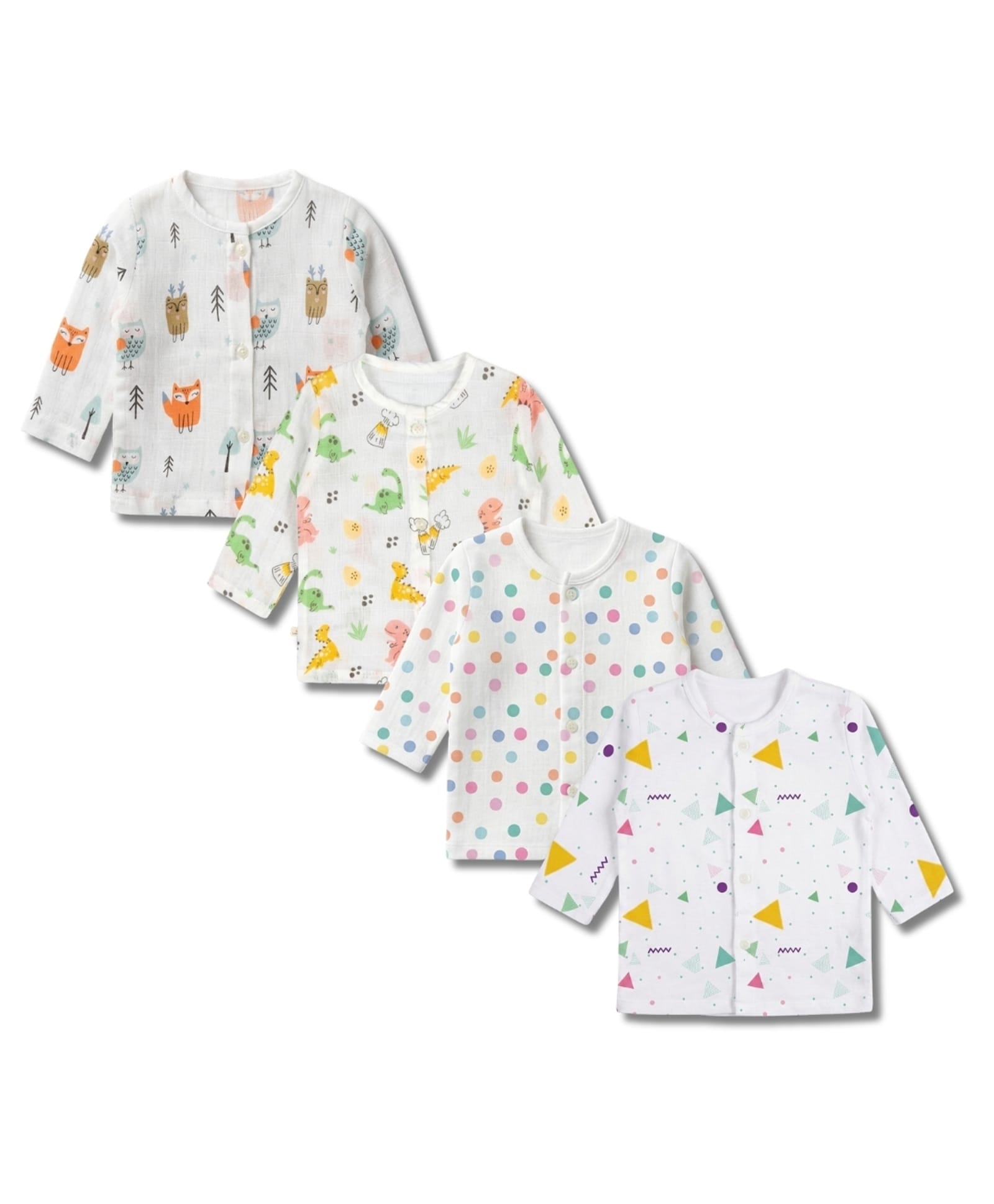 LazyToddler 100% Muslin Woven Pack Of 4 Full Sleeves Dinosaur Polka Dots & Geometric Printed Jhablas - Multi Colour-image-7