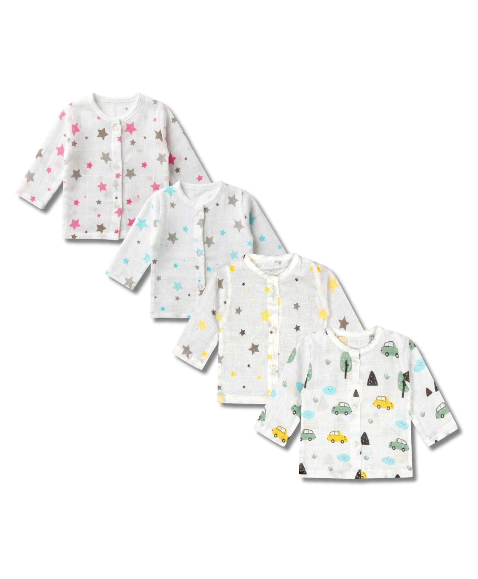 LazyToddler 100% Muslin Woven Pack Of 4 Full Sleeves Stars & Cars Printed Jhablas - Multi Colour-image-47