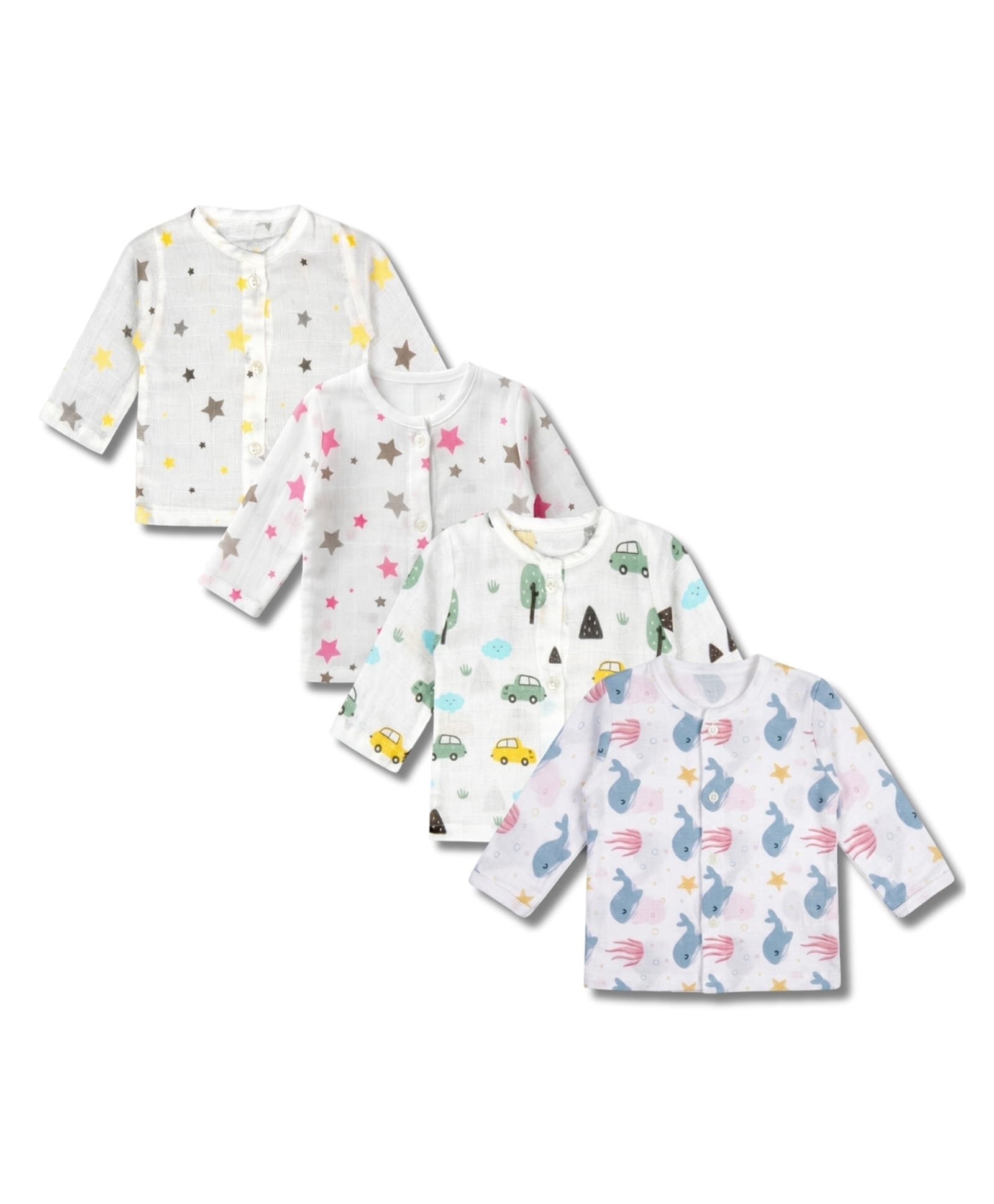 LazyToddler 100% Muslin Woven Pack Of 4 Full Sleeves Stars Cars & Whale Printed Jhablas - Multi Colour-image-48