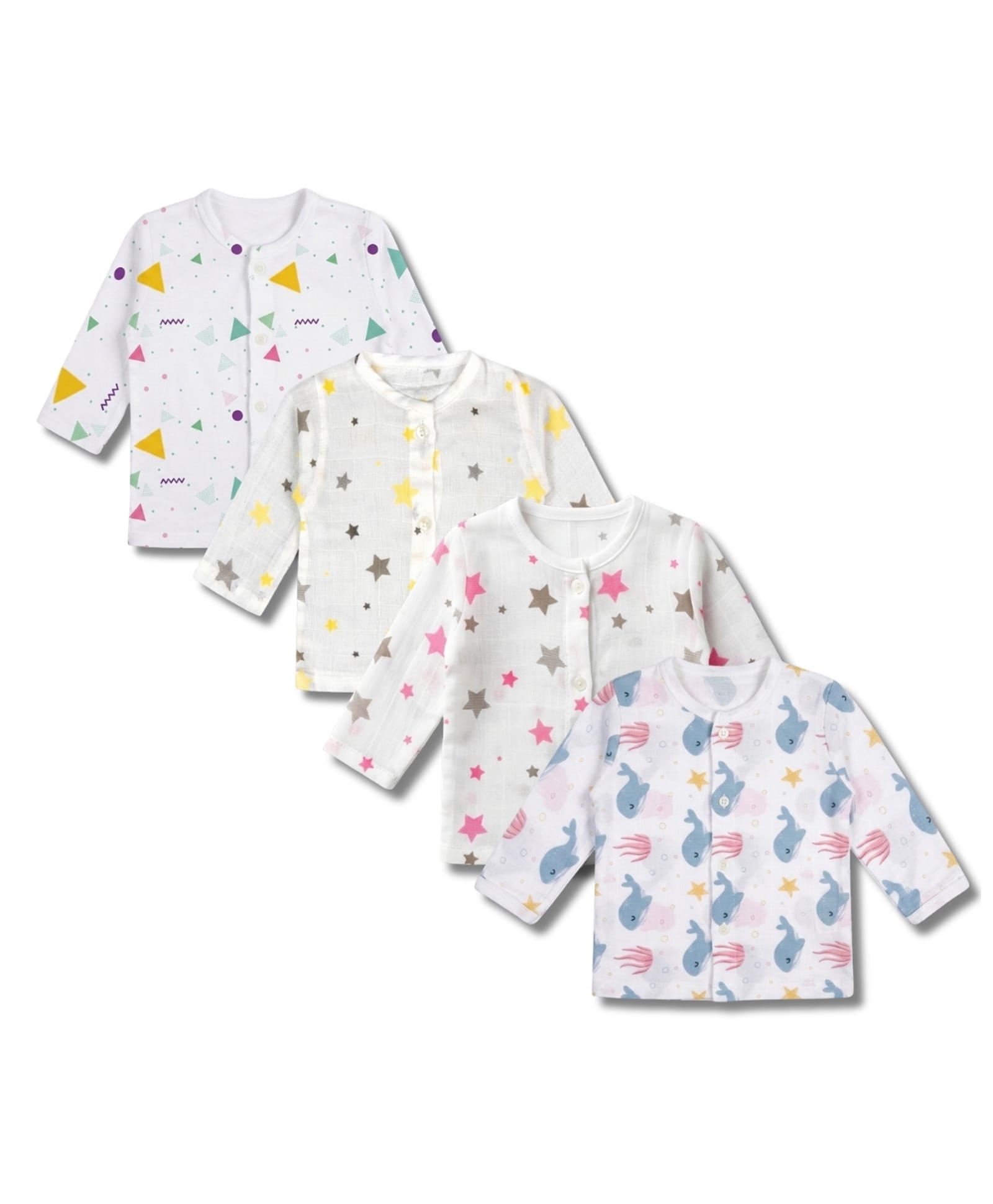LazyToddler 100% Muslin Woven Pack Of 4 Full Sleeves Stars Whale & Geometric Printed Jhablas - Multi Colour-image-11