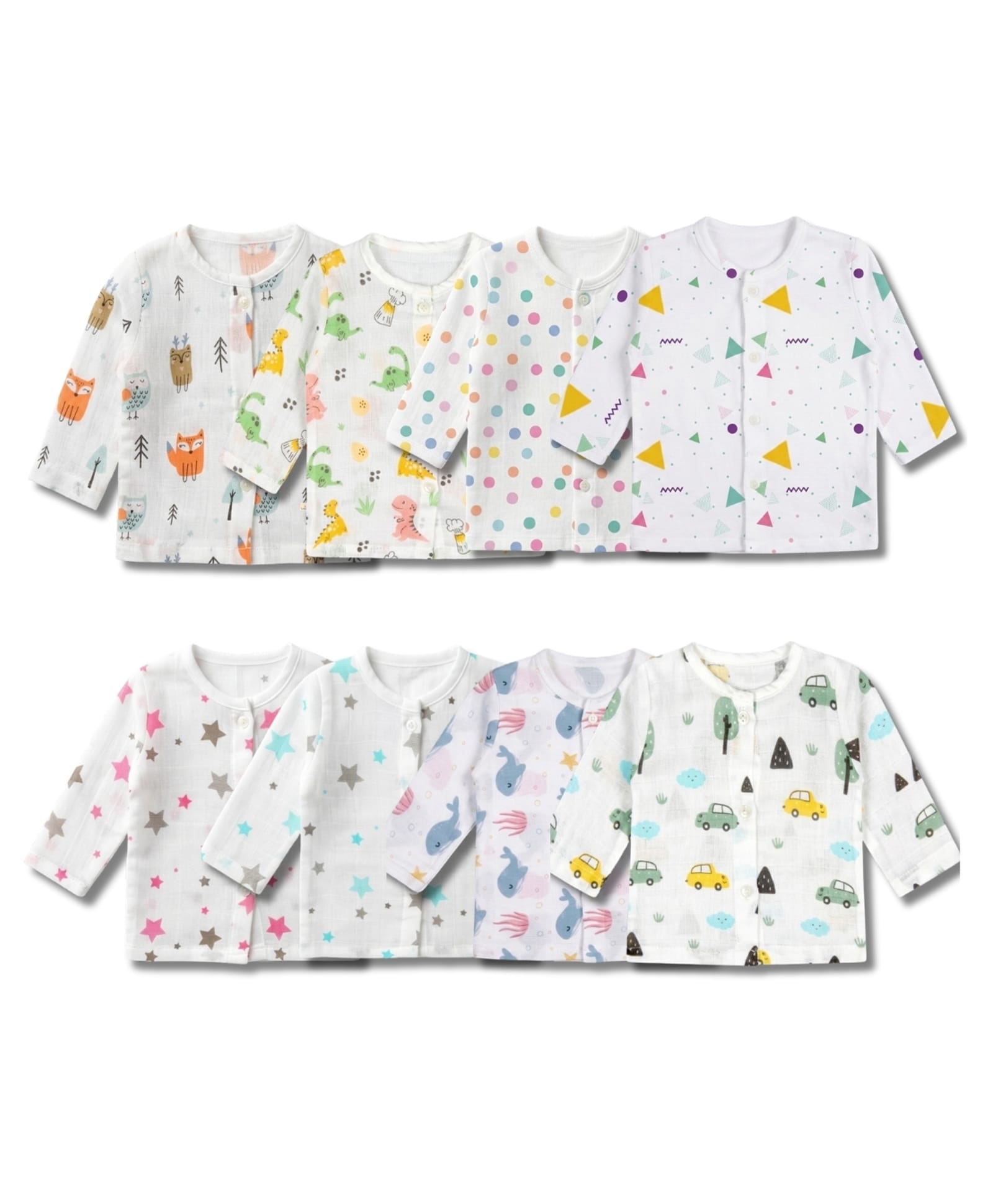 LazyToddler 100% Muslin Woven Pack Of 8 Full Sleeves Dinosaur Animal Polka Dots & Geometric Printed Jhablas - Multi Colour-image-8