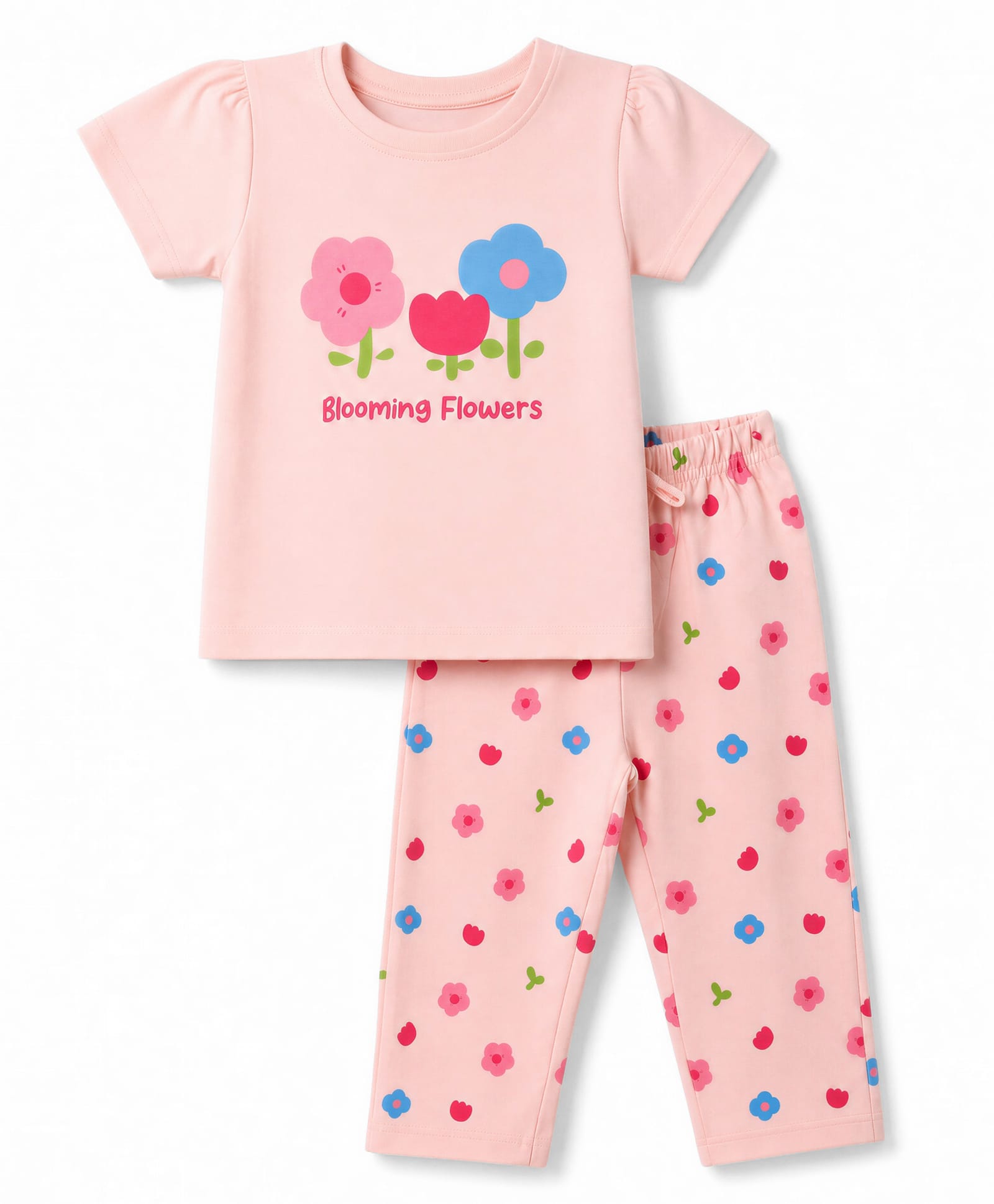 Doodle Poodle 100% Cotton Single Jersey Knit Half Sleeves Top & Pyjama Night Suit with Blooming Flowers Print - Pink-picture-32