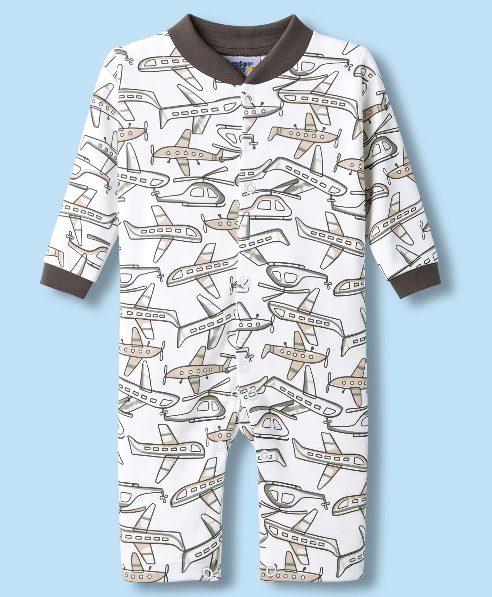 Junior Star Full Sleeves Airplane & Helicopter Printed Romper - White-image-32