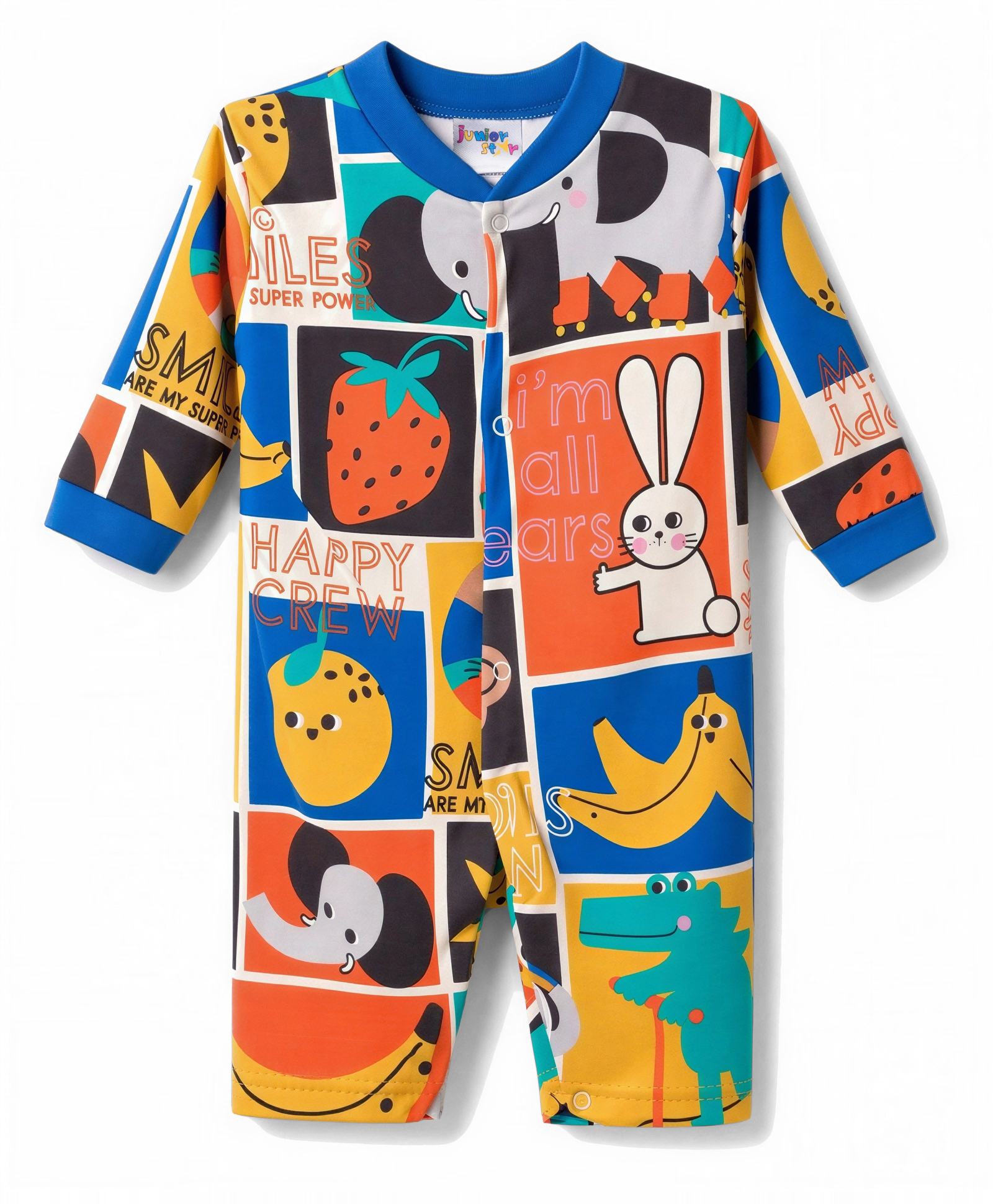 Junior Star Full Sleeves Animals & Fruits Printed Romper - Multi Colour-image-27