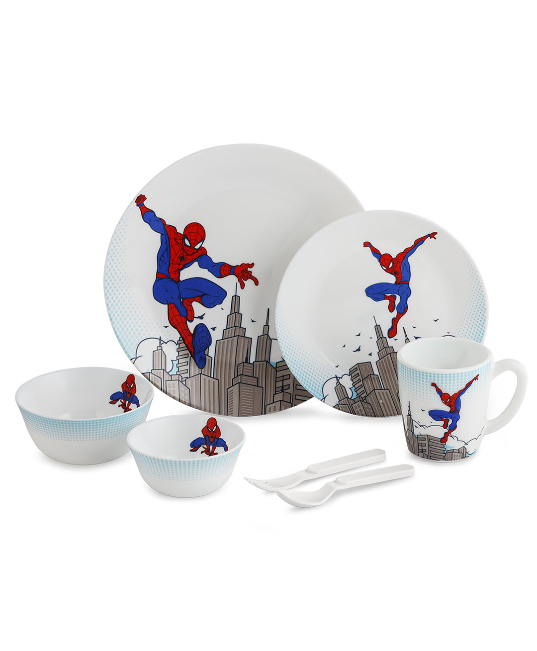 CELLO Kidzbee Spiderman Design Set of 7 Pieces Opal Glass Kids Dinner Set | Microwave & Dishwasher Safe, Stackable Bone-Ash Free Toughened Opal Glass Plate Bowl & Spoon Dinner Set for Kids & Toddler-image-39