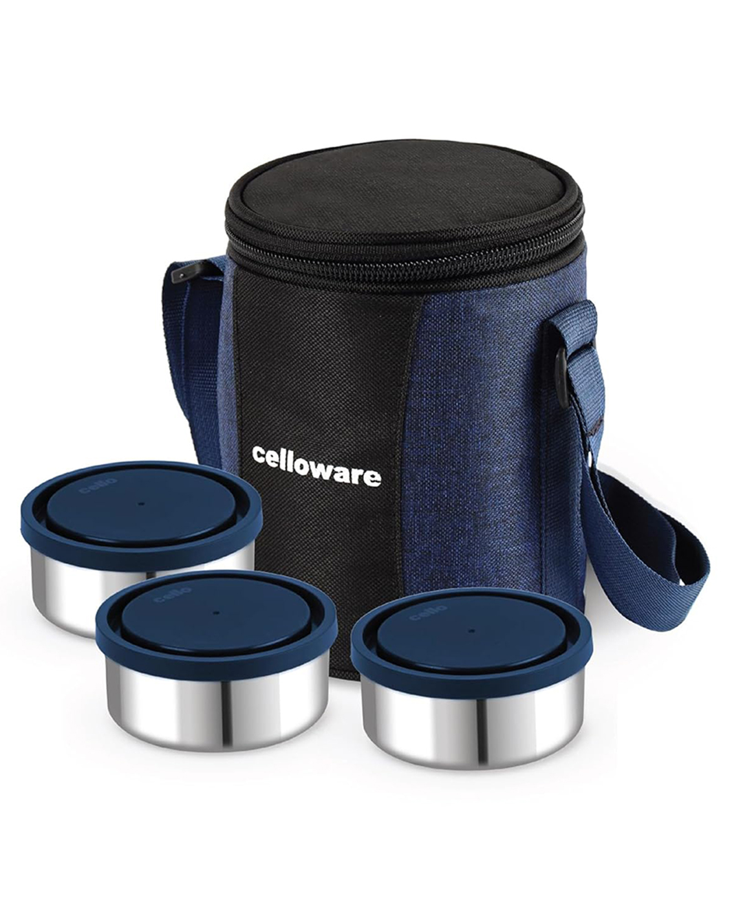 CELLO MF Meal Station 3 Stainless Steel Lunch Box with Jacket For Daily Use, 3 x 300ml Round Steel Container Airtight Snaplock Leakproof Easy to Carry with Adjustable Strap Tiffin Box For Office, blue-picture-5
