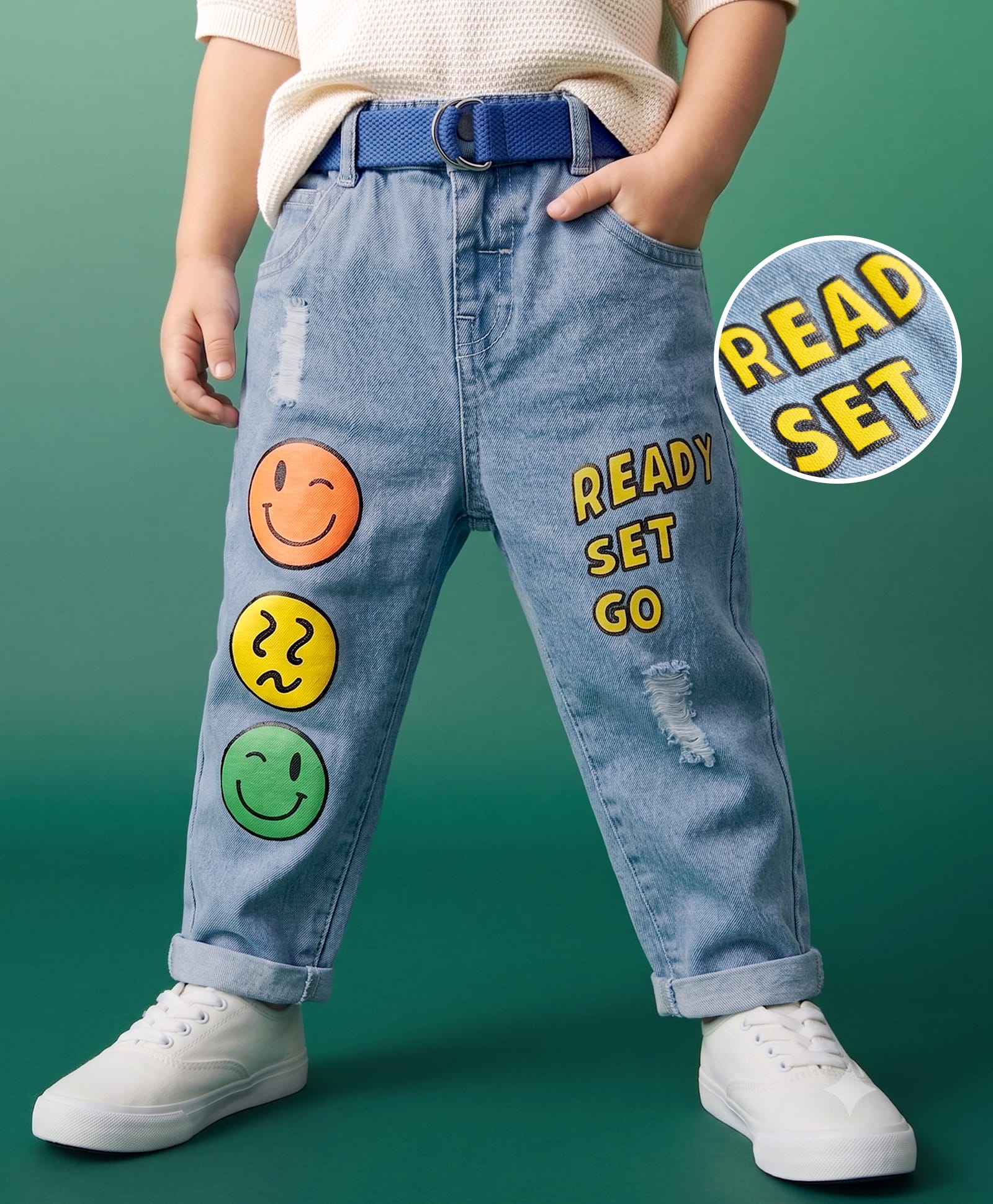 Mark & Mia Cotton Lycra Denim Full Length Jeans With Text Print Detailing & Belt - Blue-picture-16