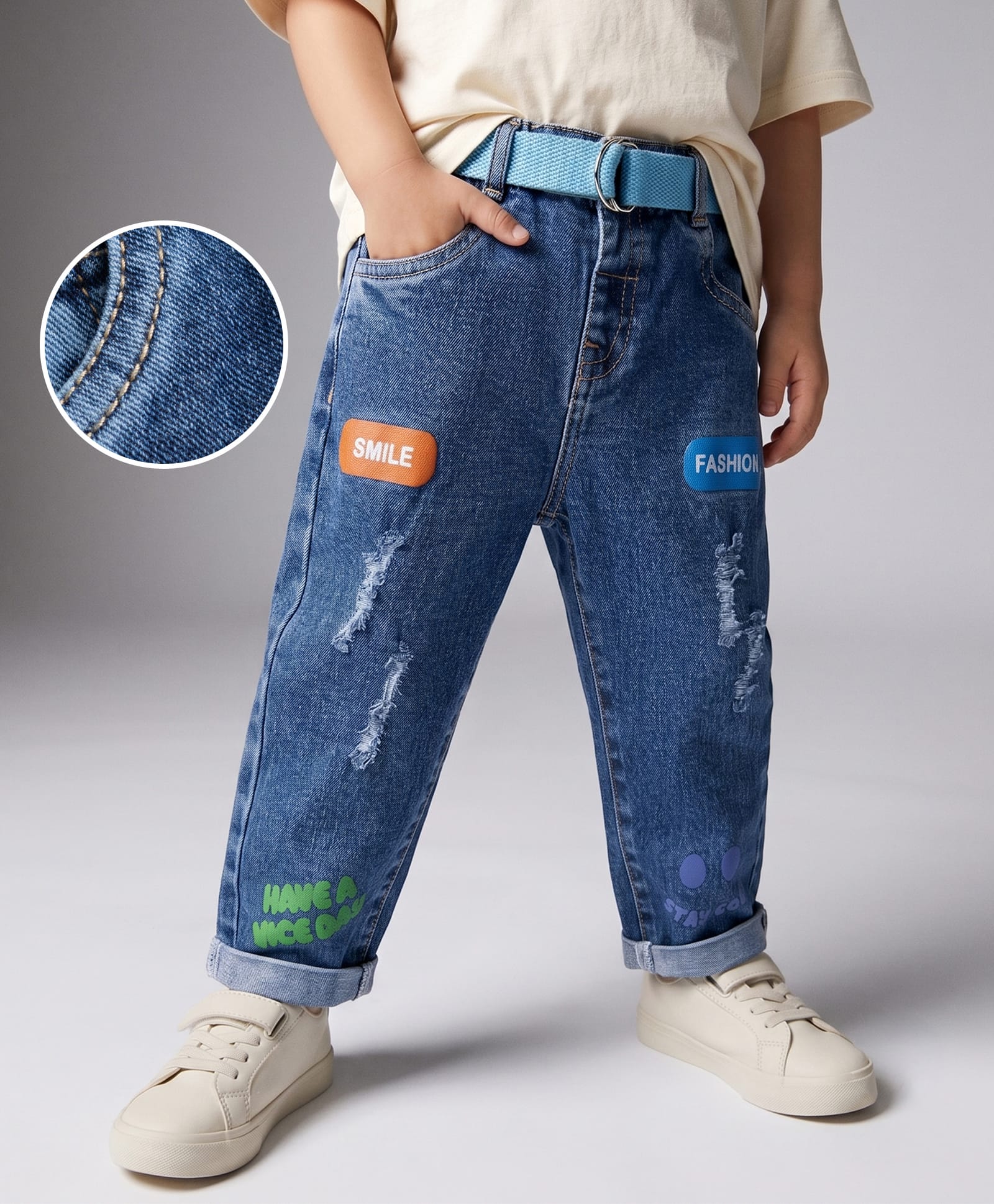 Mark & Mia Cotton Lycra Denim Full Length Jeans With Text Print Detailing & Belt - Blue-picture-20
