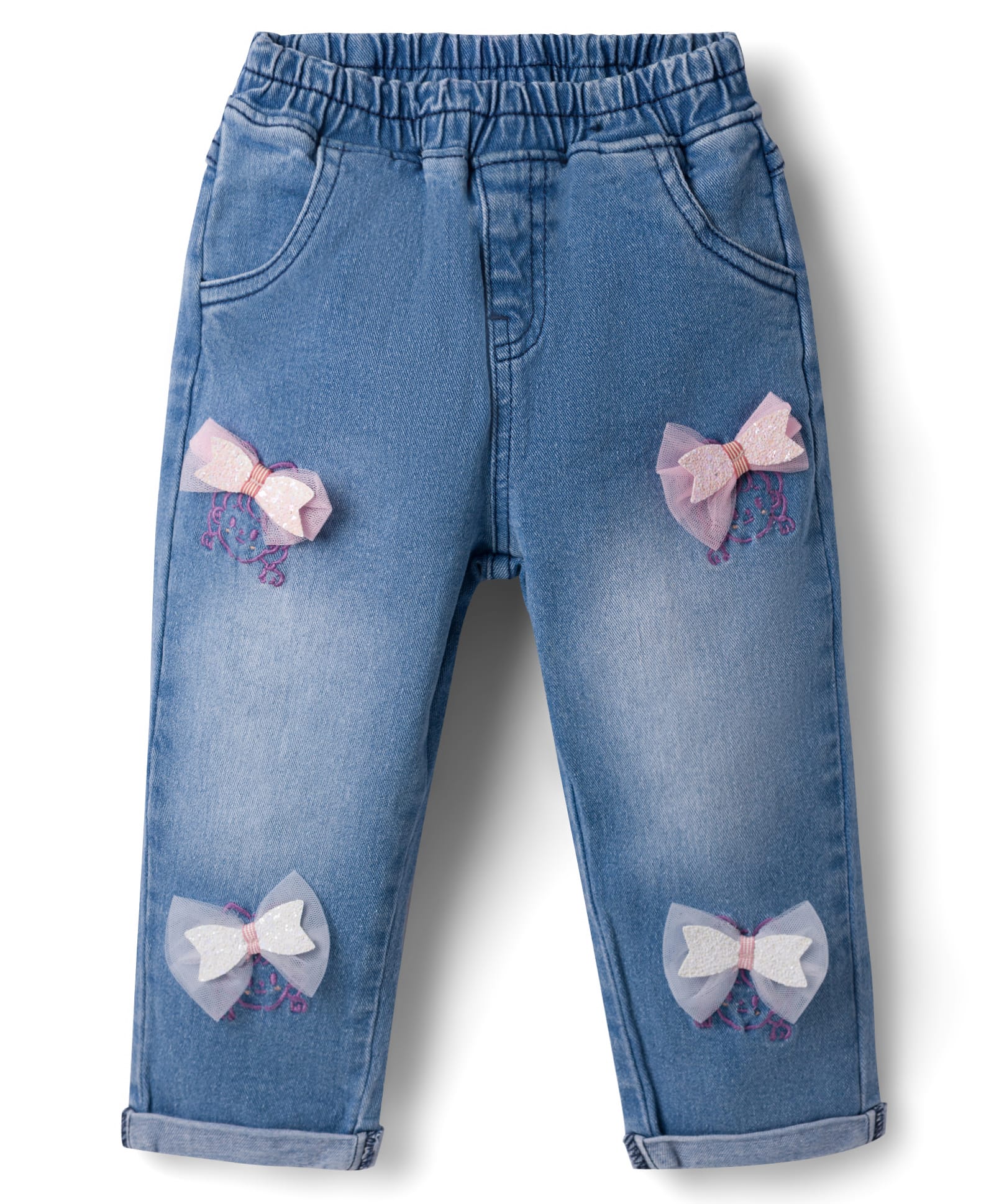 Mark & Mia Cotton Lycra Denim Full Length Washed Jeans With Embroidery & Bow - Blue-picture-31