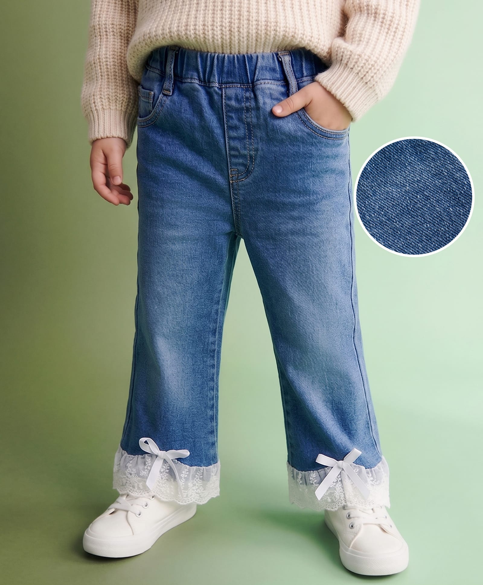 Mark & Mia Full Length Denim Jeans with Lace & Bow Detailing - Blue-picture-13