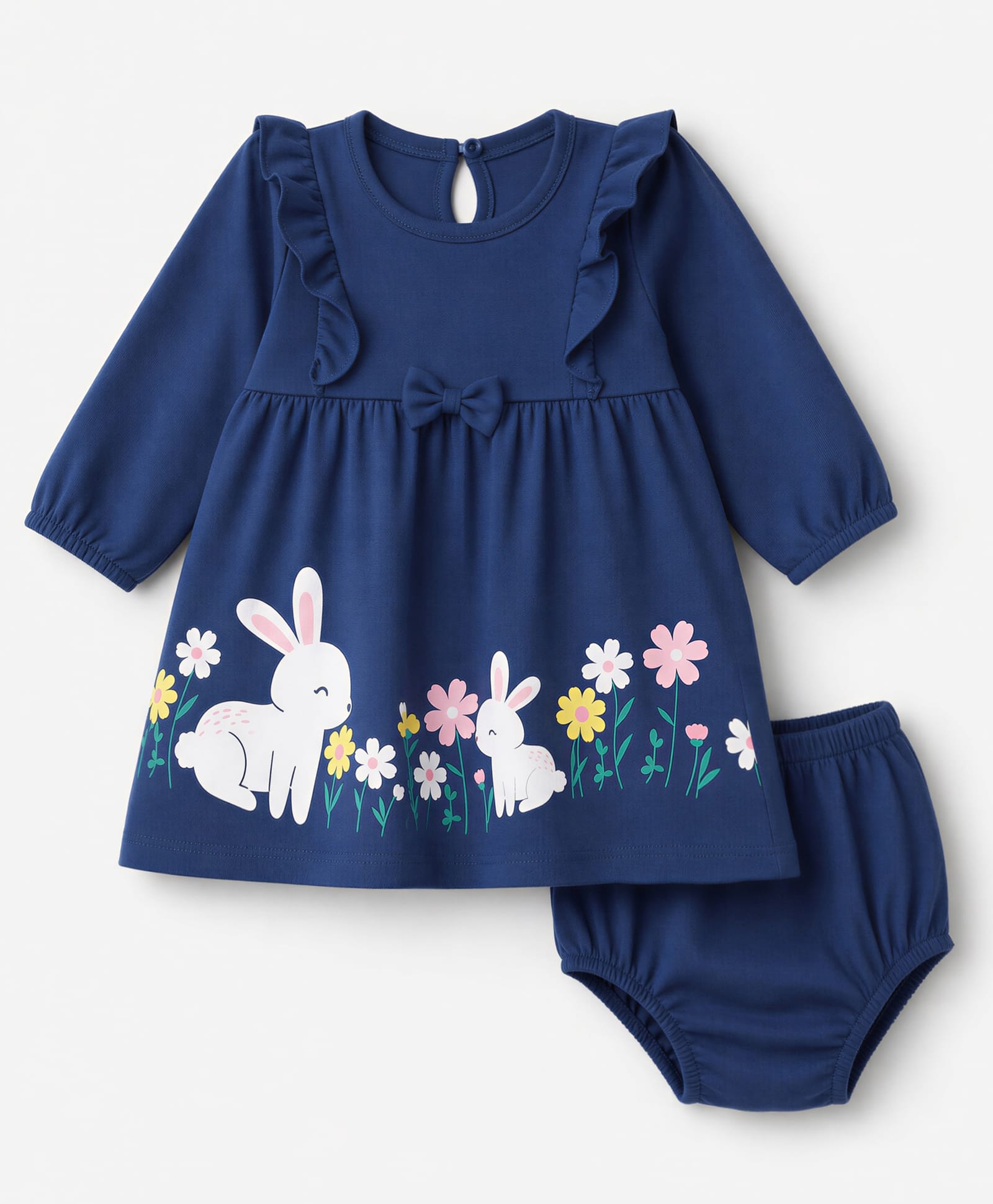 Babyhug Single Jersey Knit Full Sleeves Frock and Bloomer with Bunny Print & Bow Applique - Blue-picture-15