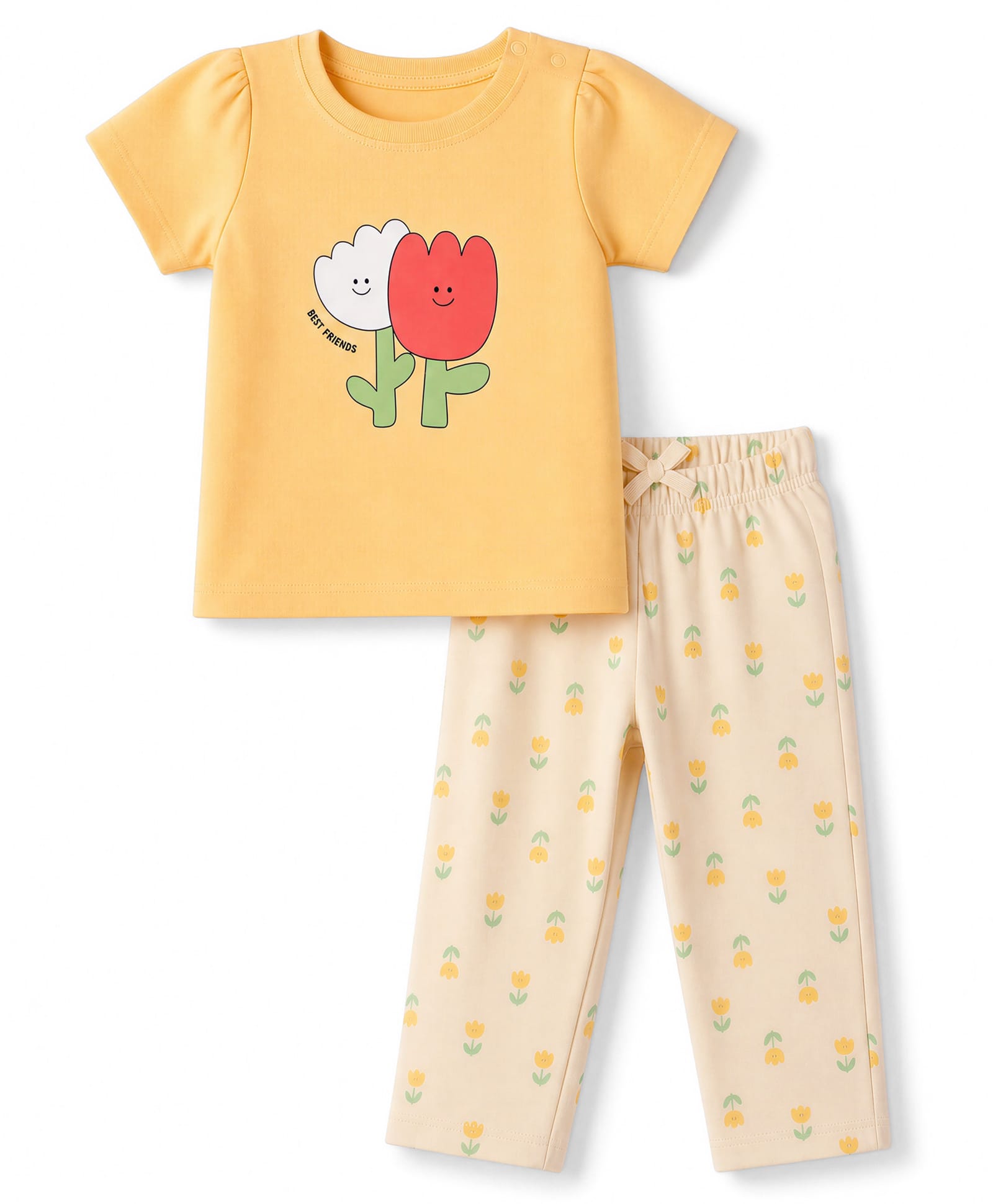 Doodle Poodle 100% Cotton Single Jersey Knit Half Sleeves Top & Pyjama Night Suit with Tulip Print - Yellow-picture-31