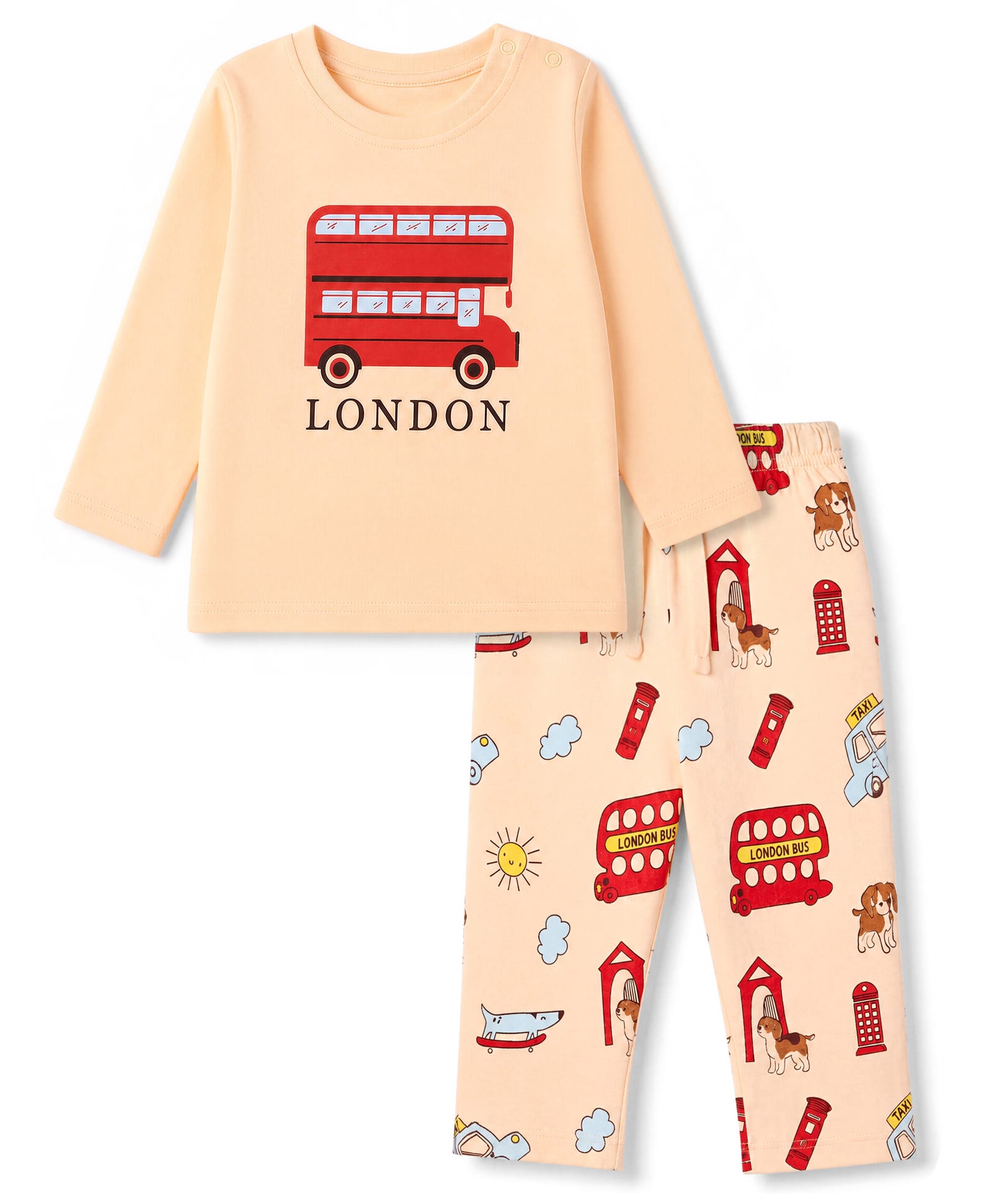 Doodle Poodle 100% Cotton Single Jersey Knit Half Sleeves T-Shirt & Pyjama Night Suit with London Bus Print - Cream-image-46