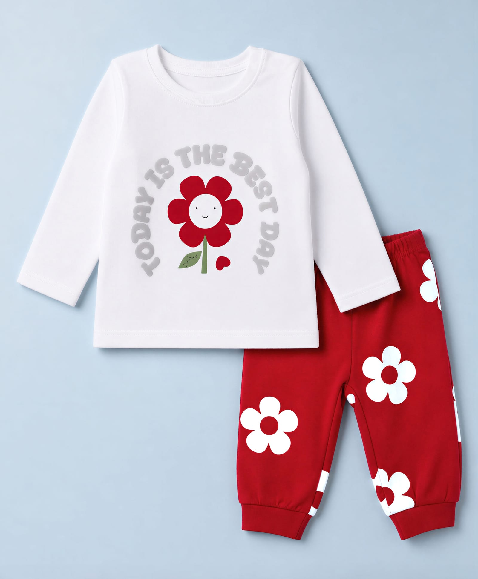 Doodle Poodle Single Jersey Knit Full Sleeves T-Shirt & Pyjama Night Suit with Floral Print - White-picture-16