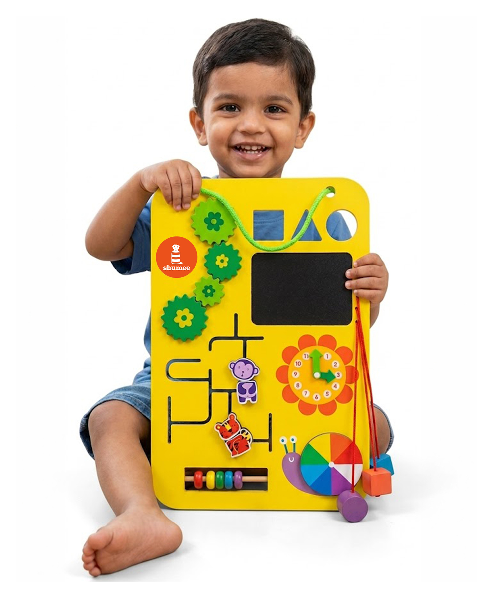 Shumee 7-in-1 Wooden Busy Board for Toddlers Wall-Mountable Multi-Activity Sensory Panel with Shape Sorter, Abacus, Maze & Chalkboard (1 to 4 Years)-picture-19