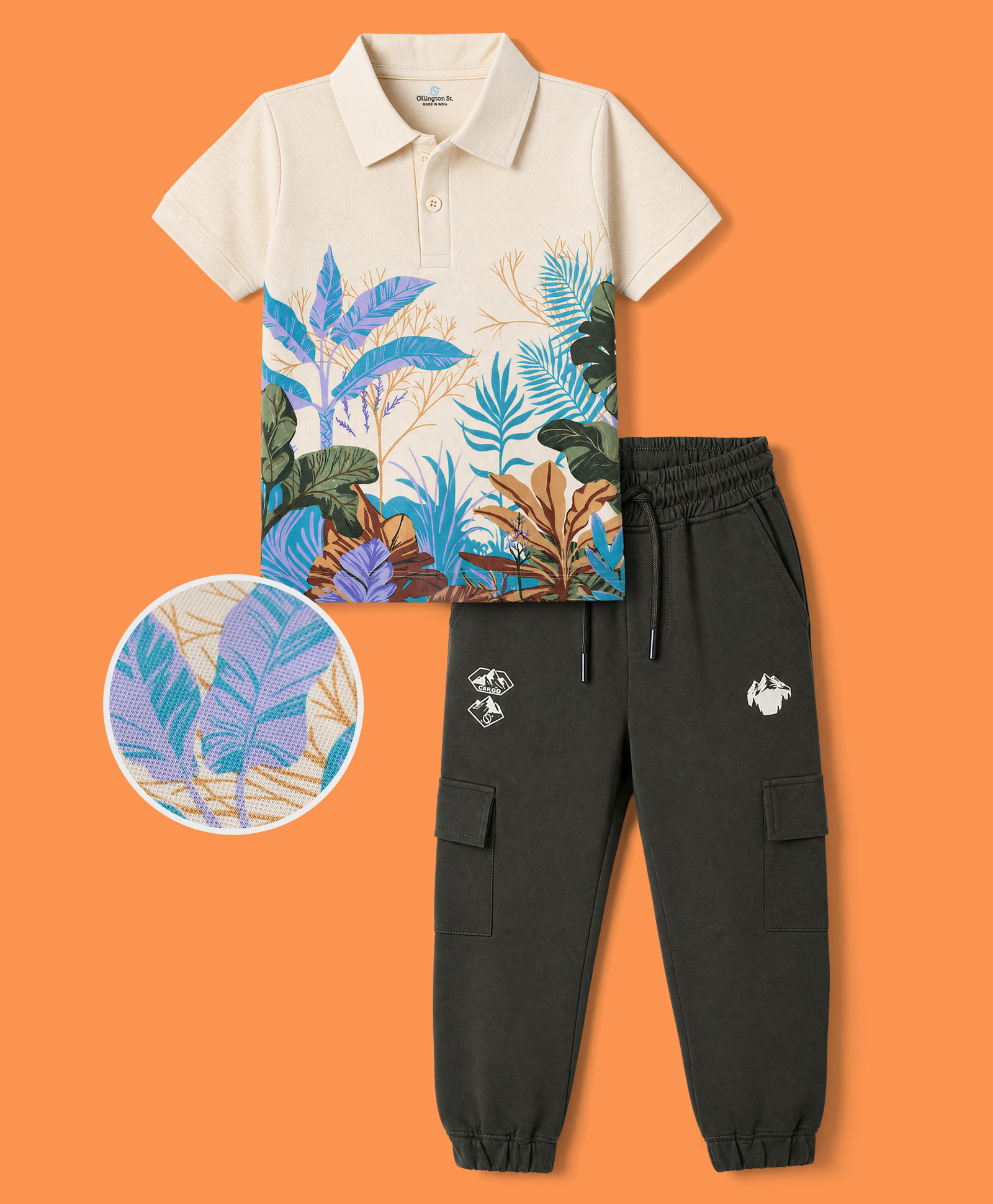 OLLINGTON ST. Single Jersey Cotton Knit Half Sleeves Polo T-Shirt & Jogger Set With Tropical Print - Olive & Cream-picture-28