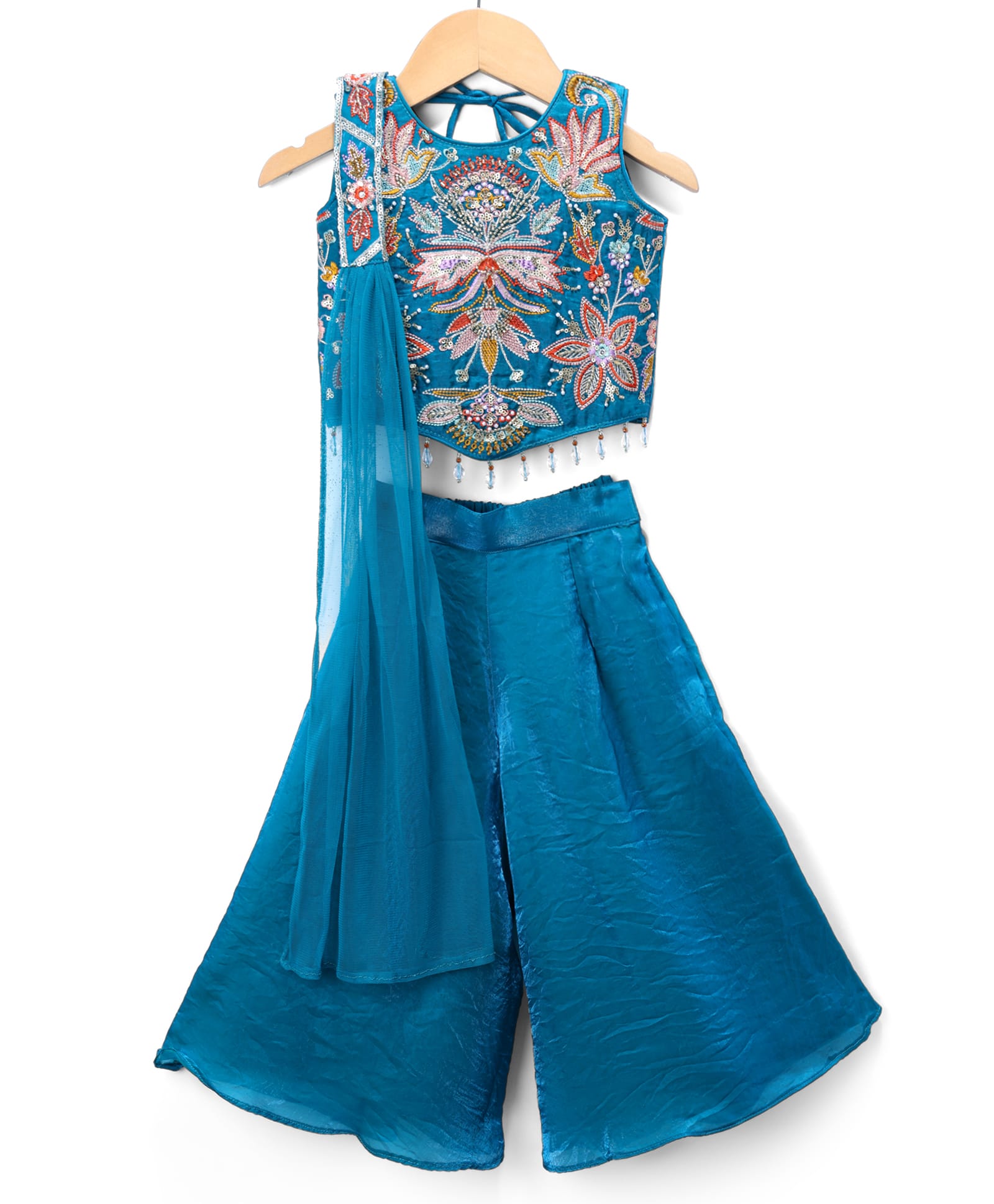 Blabber Sleeveless Beads & Sequins Embellished Floral Embroidered Kurti Palazzo Set With Dupatta - Cobalt Blue-image-47