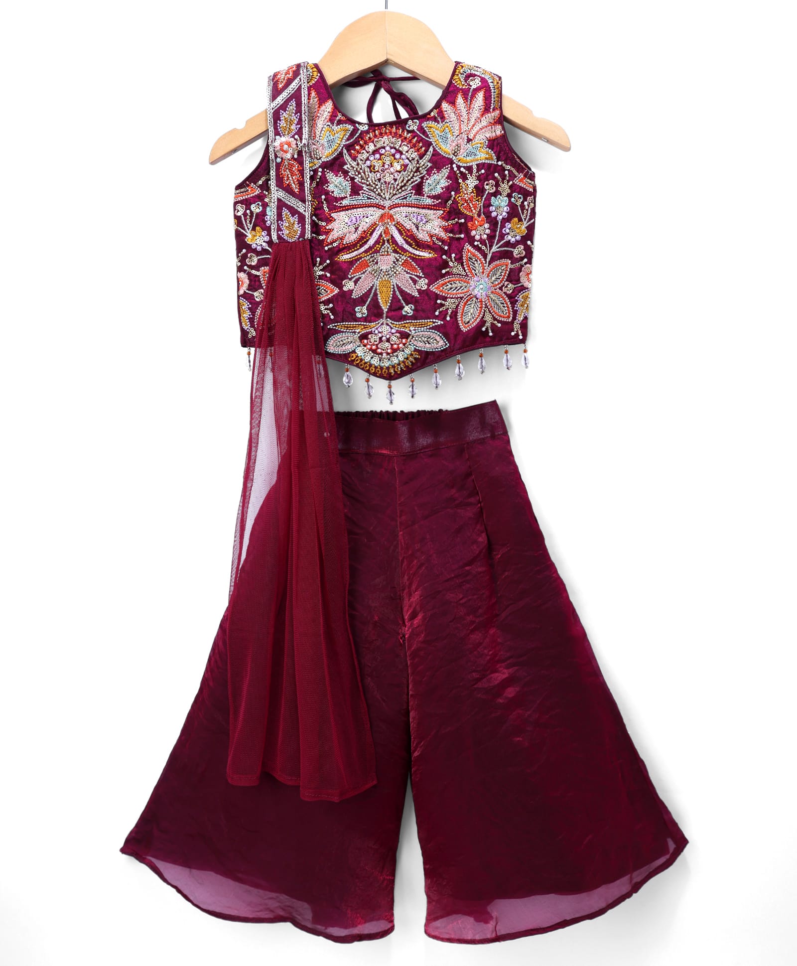 Blabber Sleeveless Beads & Sequins Embellished Floral Embroidered Kurti Palazzo Set With Dupatta - Wine-image-37