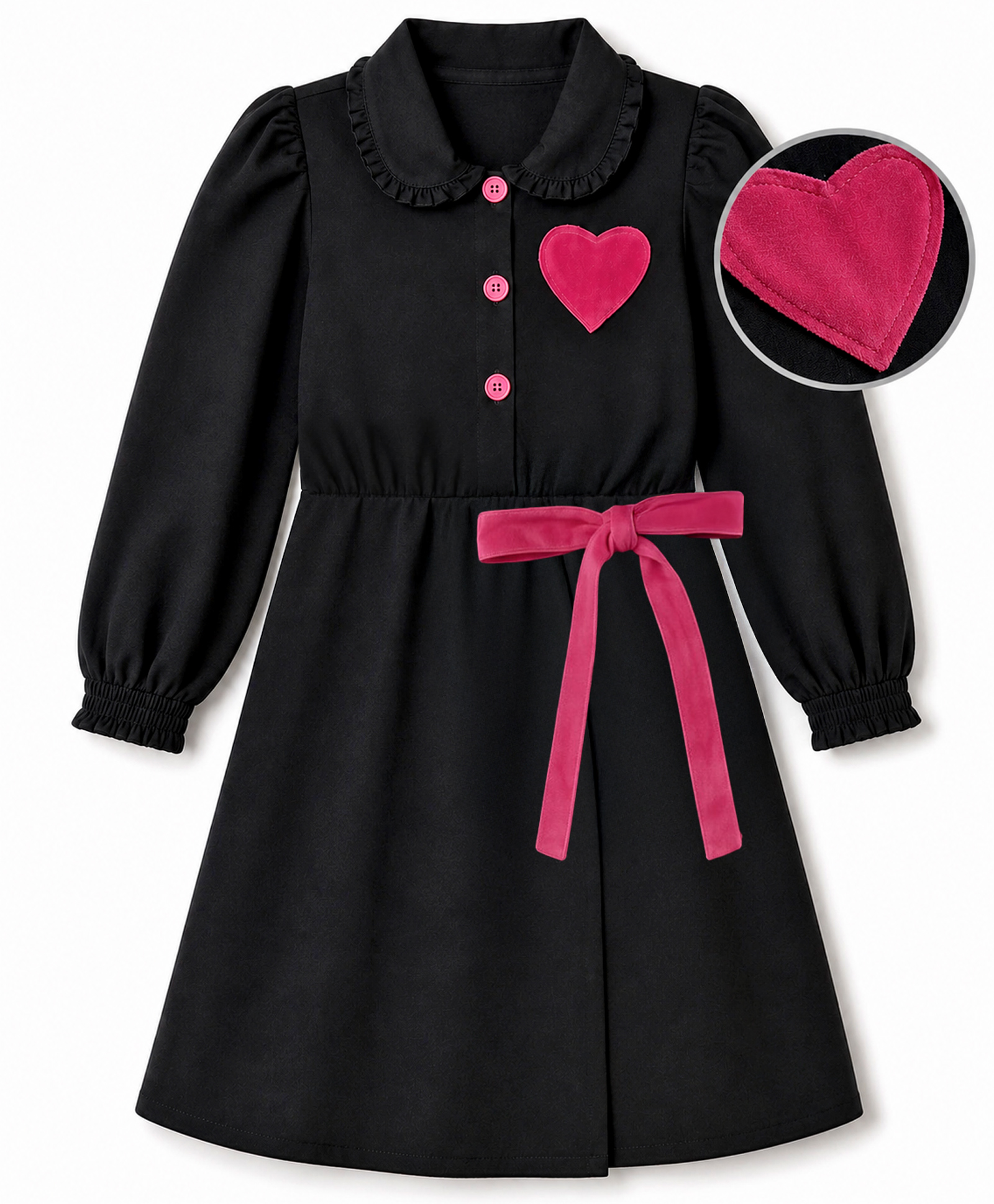 Hola Bonita Cotton Woven Full Sleeves Dress with Heart Patch & Bow Applique - Black-image-13
