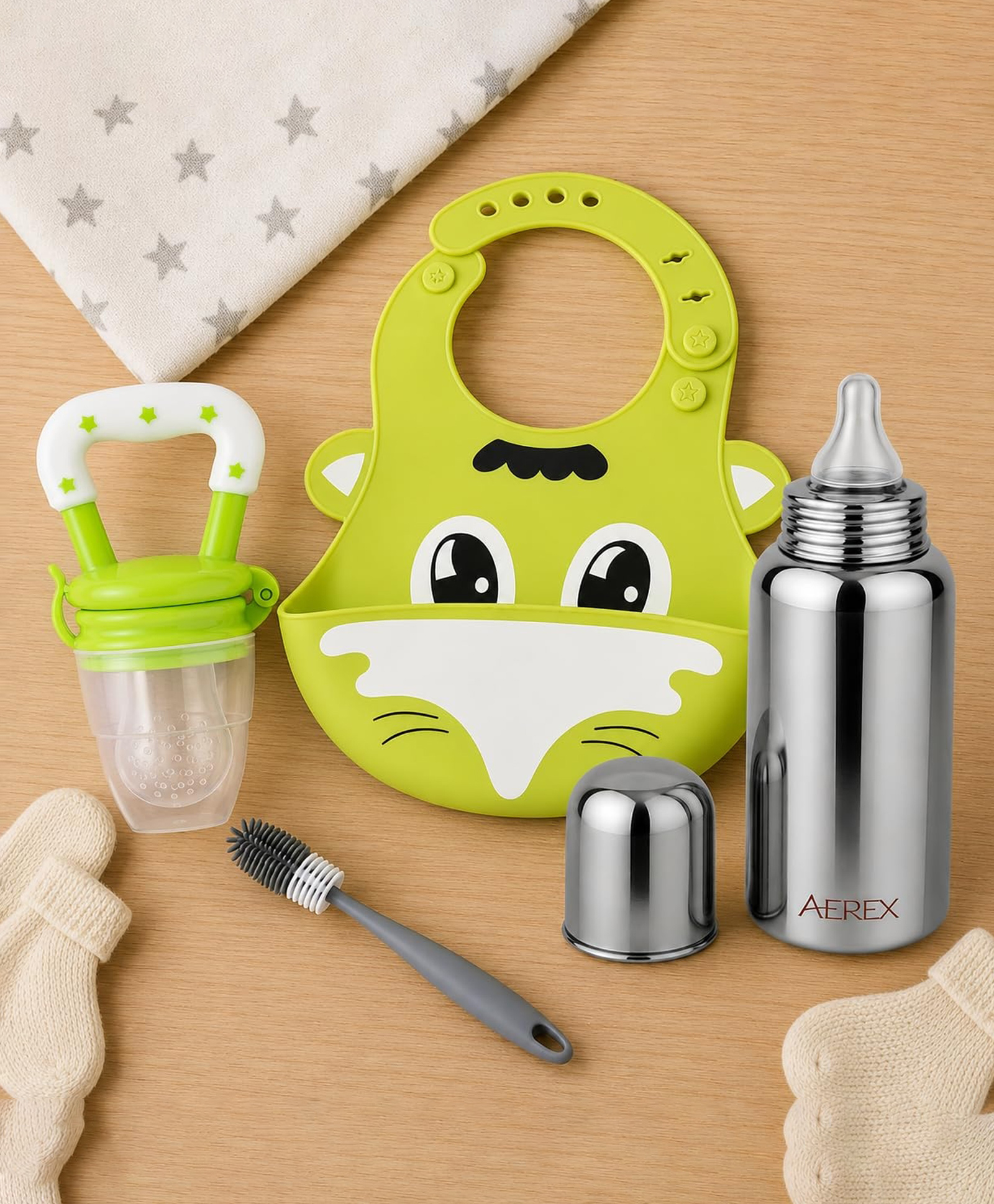 AEREX Silicone Baby Feeding Set with Adjustable Bib, Stainless Steel Baby Bottle, Fruit Feeder Nibbler & Cleaning Brush BPA Free Infant Feeding Essentials Kit for Toddlers (Green)-image-41
