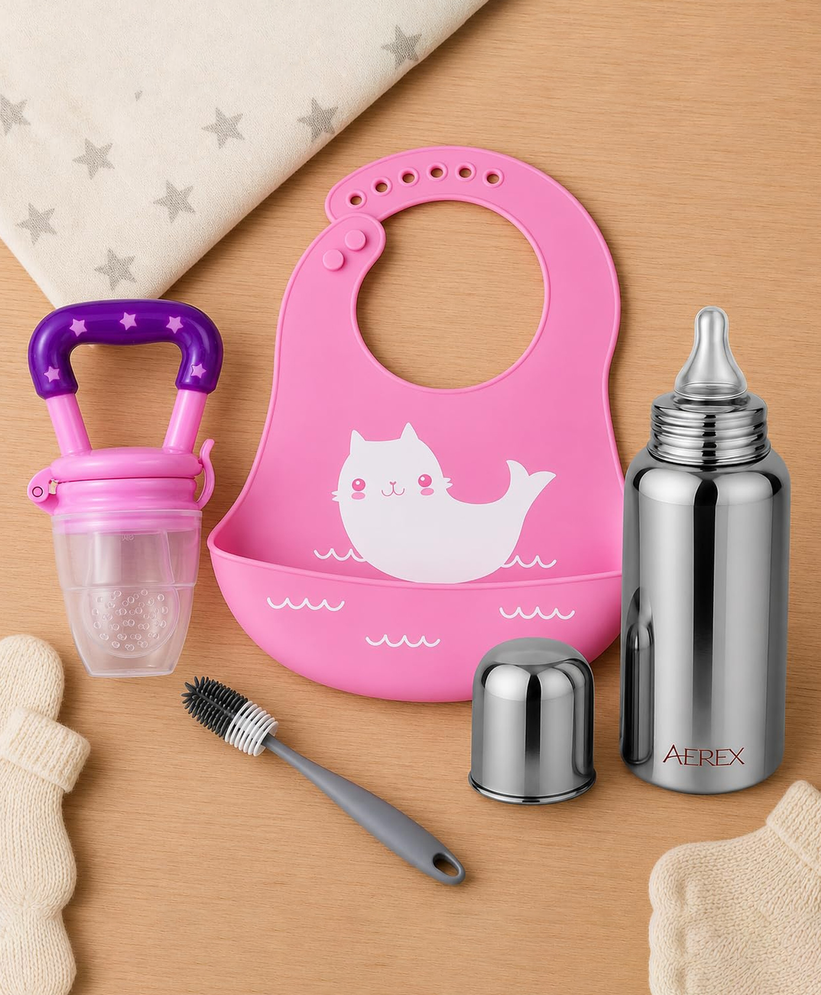 AEREX Silicone Baby Feeding Set with Adjustable Bib, Stainless Steel Baby Bottle, Fruit Feeder Nibbler & Cleaning Brush BPA Free Infant Feeding Essentials Kit for Toddlers (Pink)-image-2