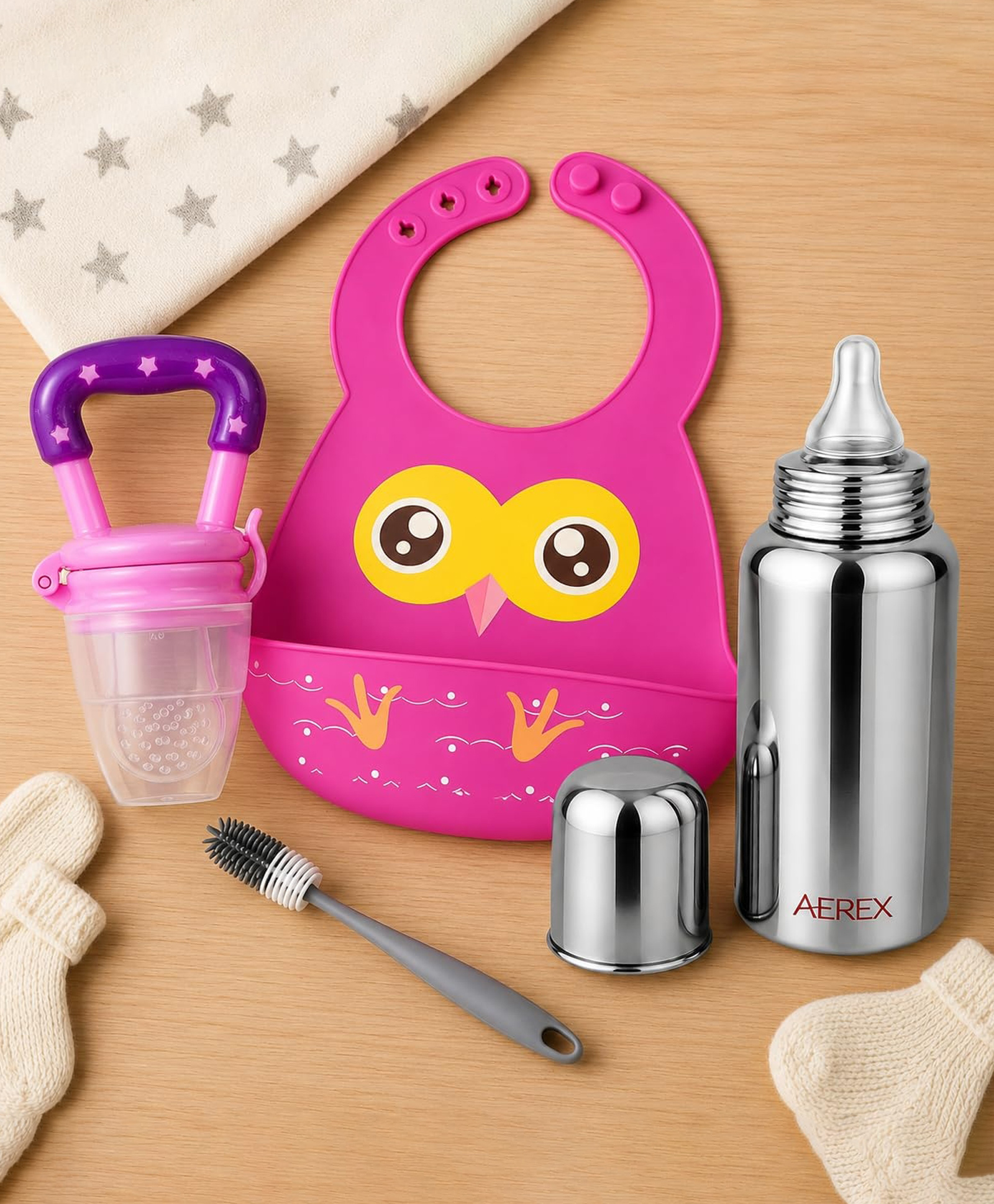 AEREX Silicone Baby Feeding Set with Adjustable Bib, Stainless Steel Baby Bottle, Fruit Feeder Nibbler & Cleaning Brush BPA Free Infant Feeding Essentials Kit for Toddlers (Purple)-picture-15