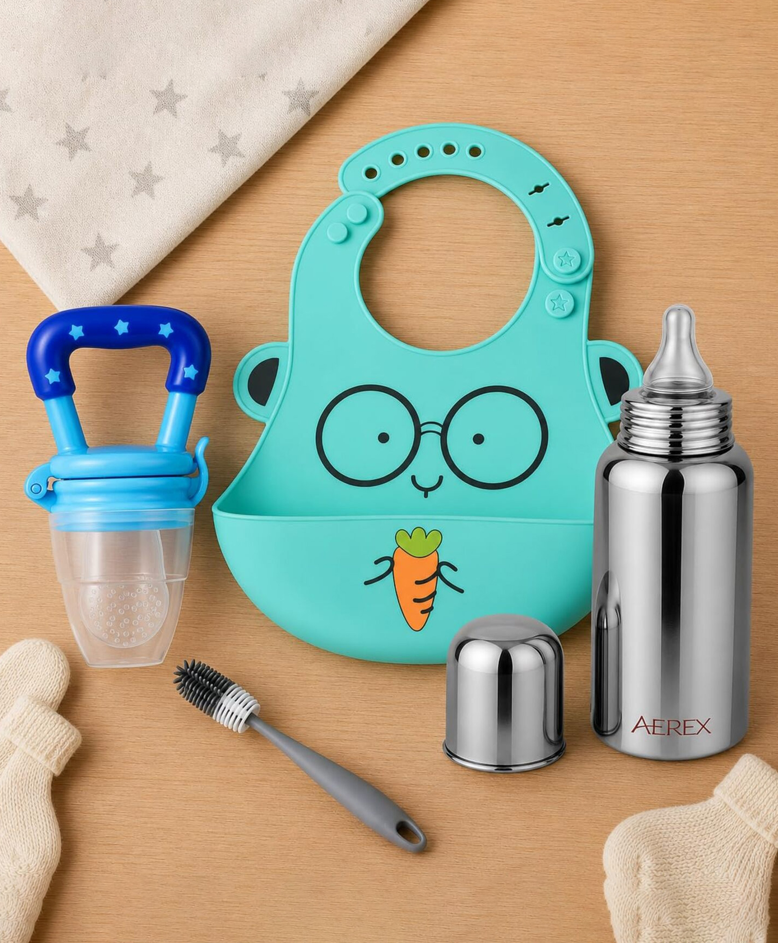AEREX Silicone Baby Feeding Set with Adjustable Bib, Stainless Steel Baby Bottle, Fruit Feeder Nibbler & Cleaning Brush BPA Free Infant Feeding Essentials Kit for Toddlers (Aqua Blue)-image-16
