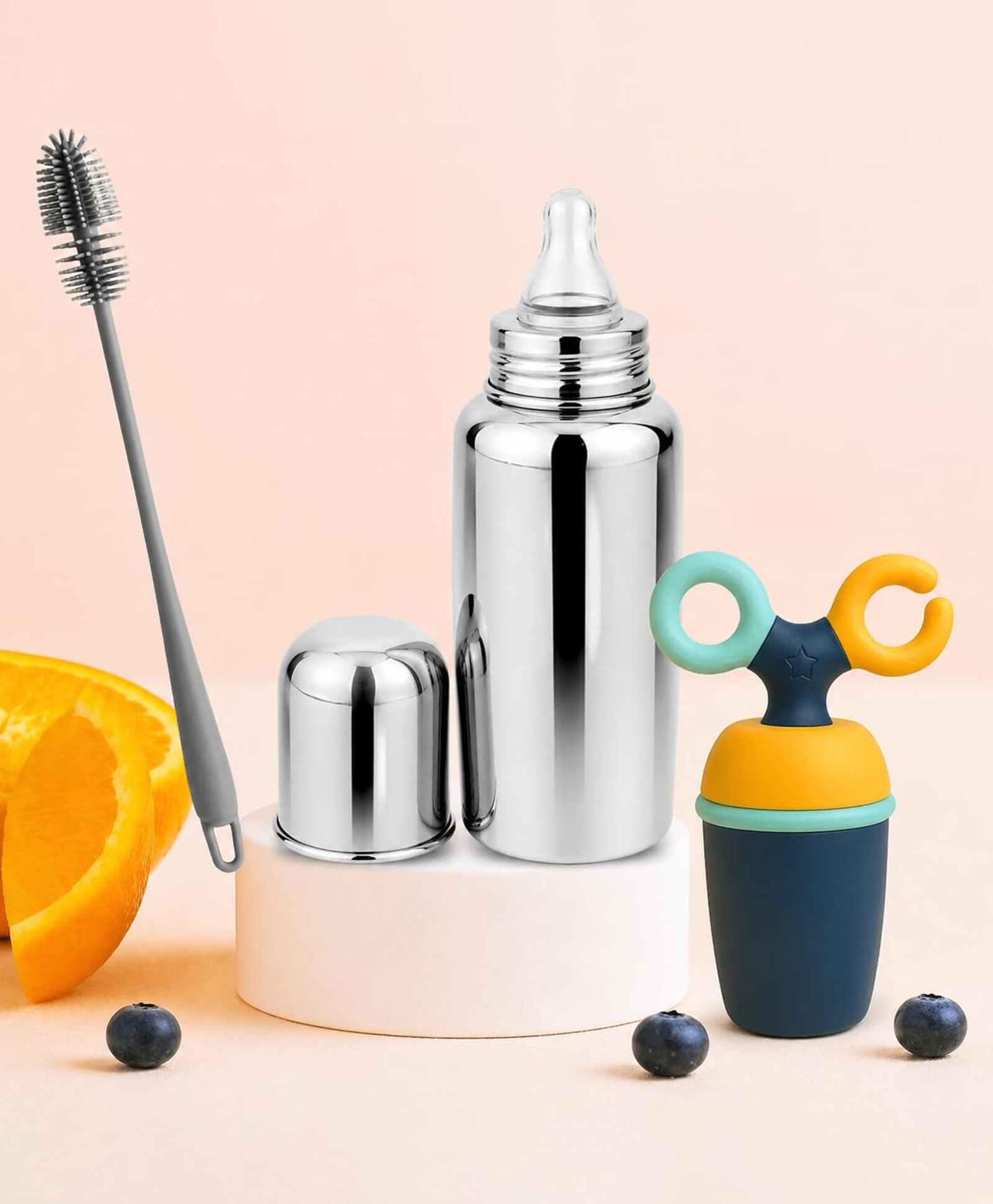 AEREX Stainless Steel Feeding Bottle with Nipple, Fruit Feeder Pacifier with Soft Silicone Nibbler, Cleaning Brush BPA Free, Safe & Durable Baby Feeding Essentials Gift Set (Blue)-image-29