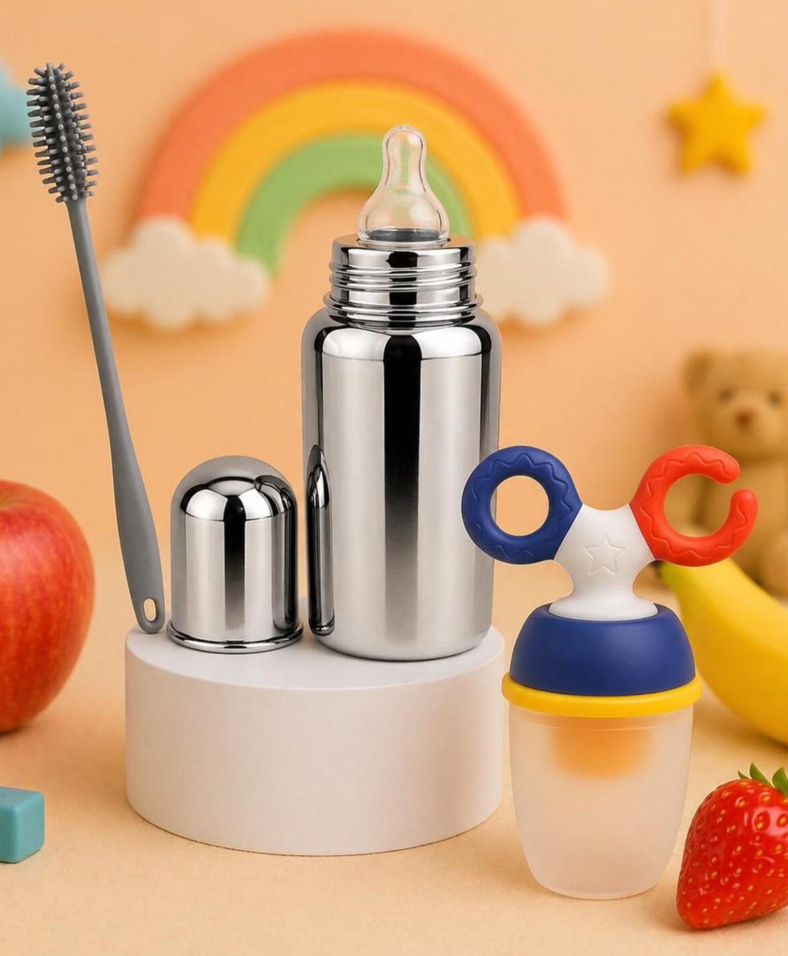 AEREX Stainless Steel Feeding Bottle with Nipple, Fruit Feeder Pacifier with Soft Silicone Nibbler, Cleaning Brush BPA Free, Safe & Durable Baby Feeding Essentials Gift Set (White)-image-47