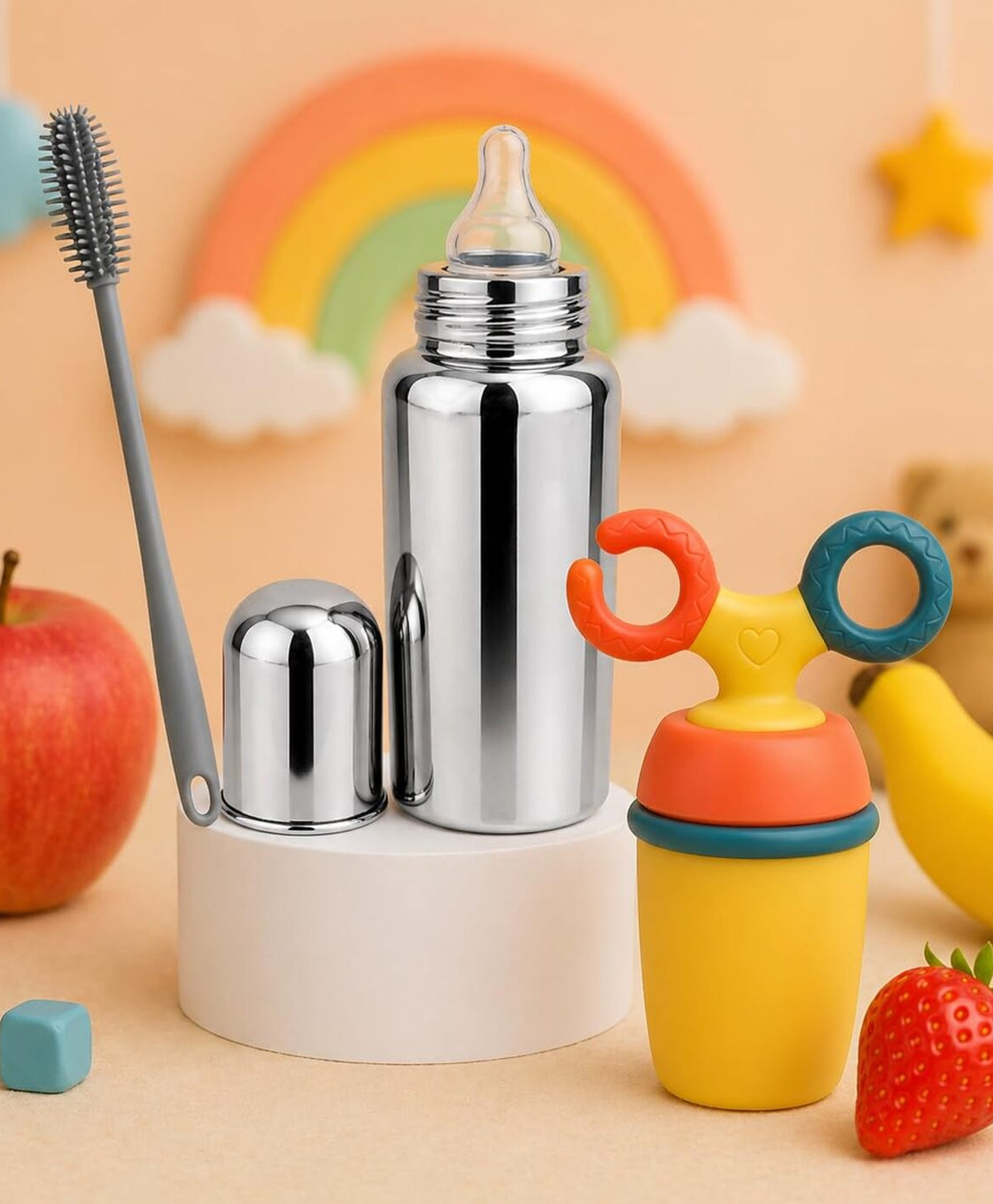 AEREX Stainless Steel Feeding Bottle with Nipple, Fruit Feeder Pacifier with Soft Silicone Nibbler, Cleaning Brush BPA Free, Safe & Durable Baby Feeding Essentials Gift Set (Yellow)-image-41