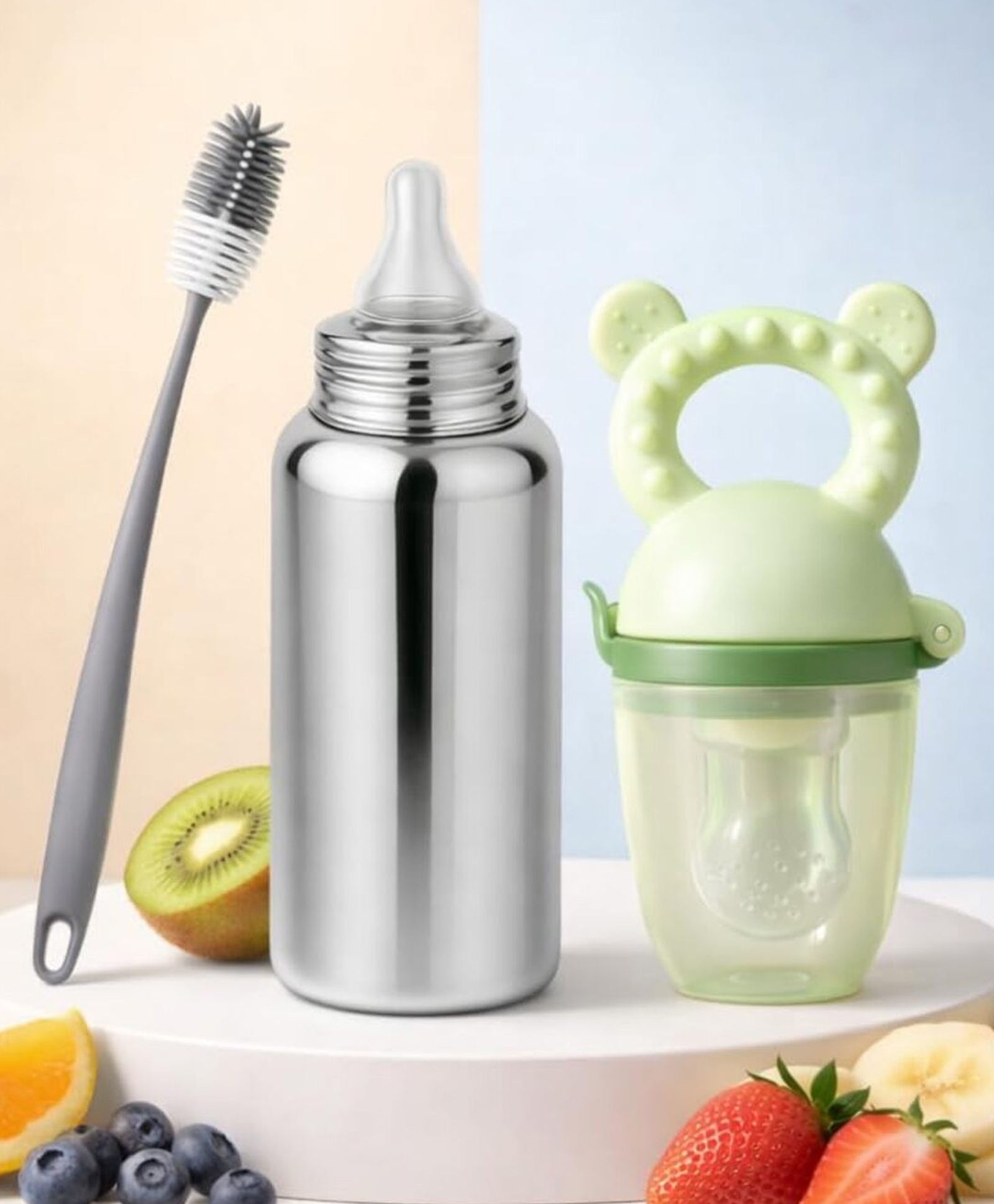AEREX Stainless Steel Baby Feeding Bottle with Cleaning Brush & Silicone Rabbit Fruit Nibbler | Insulated Leak-Proof Baby Milk Bottle | Safe BPA-Free Baby Feeding Set for Newborns & Toddlers (Green)-image-19