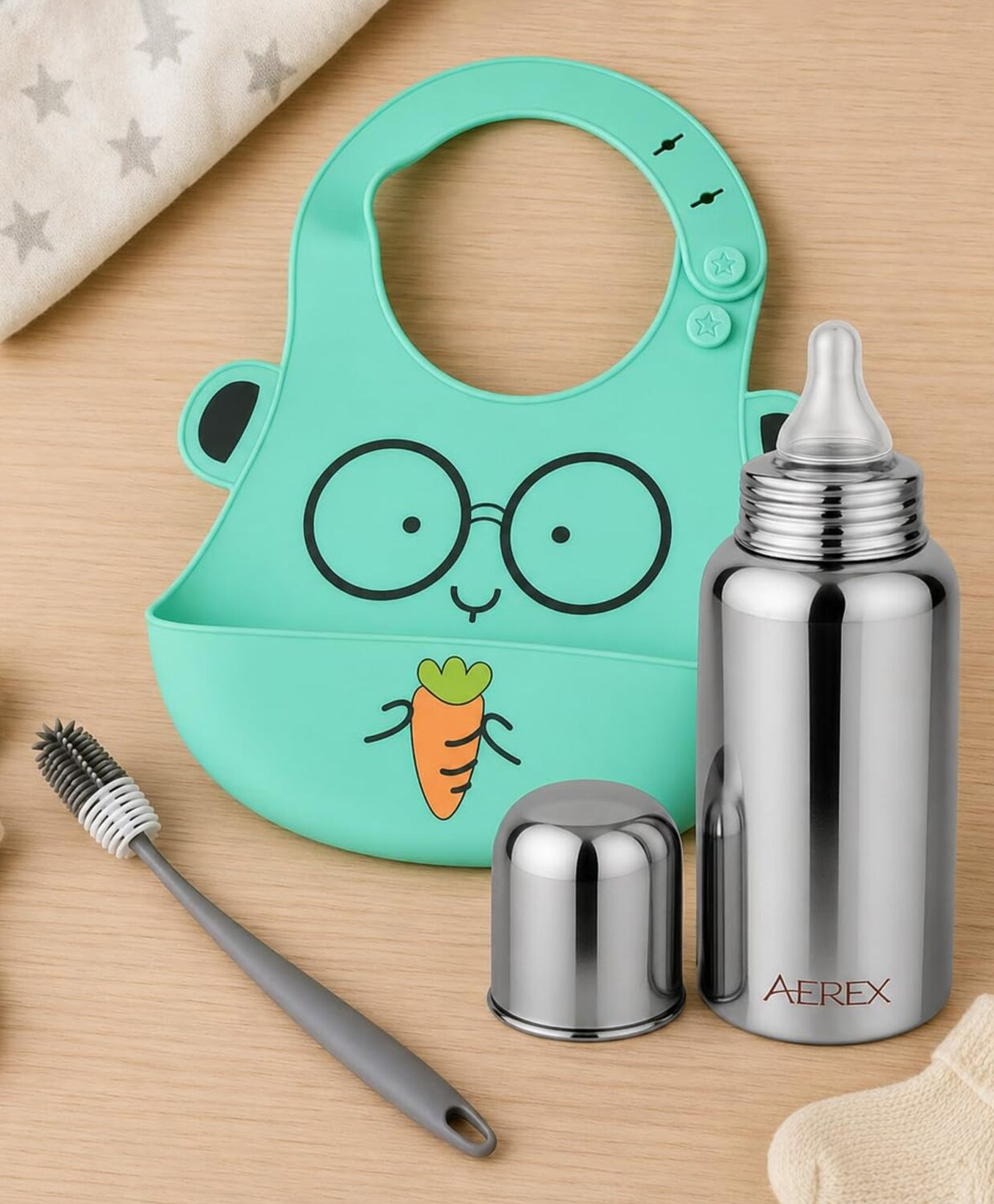 AEREX Baby Feeding Combo Set with Stainless Steel Feeding Bottle, Silicone Baby Bib, Bottle Cleaning Brush, Newborn Feeding Essentials Gift Set for Infants Toddlers Boys Girls (Aqua Blue)-picture-14