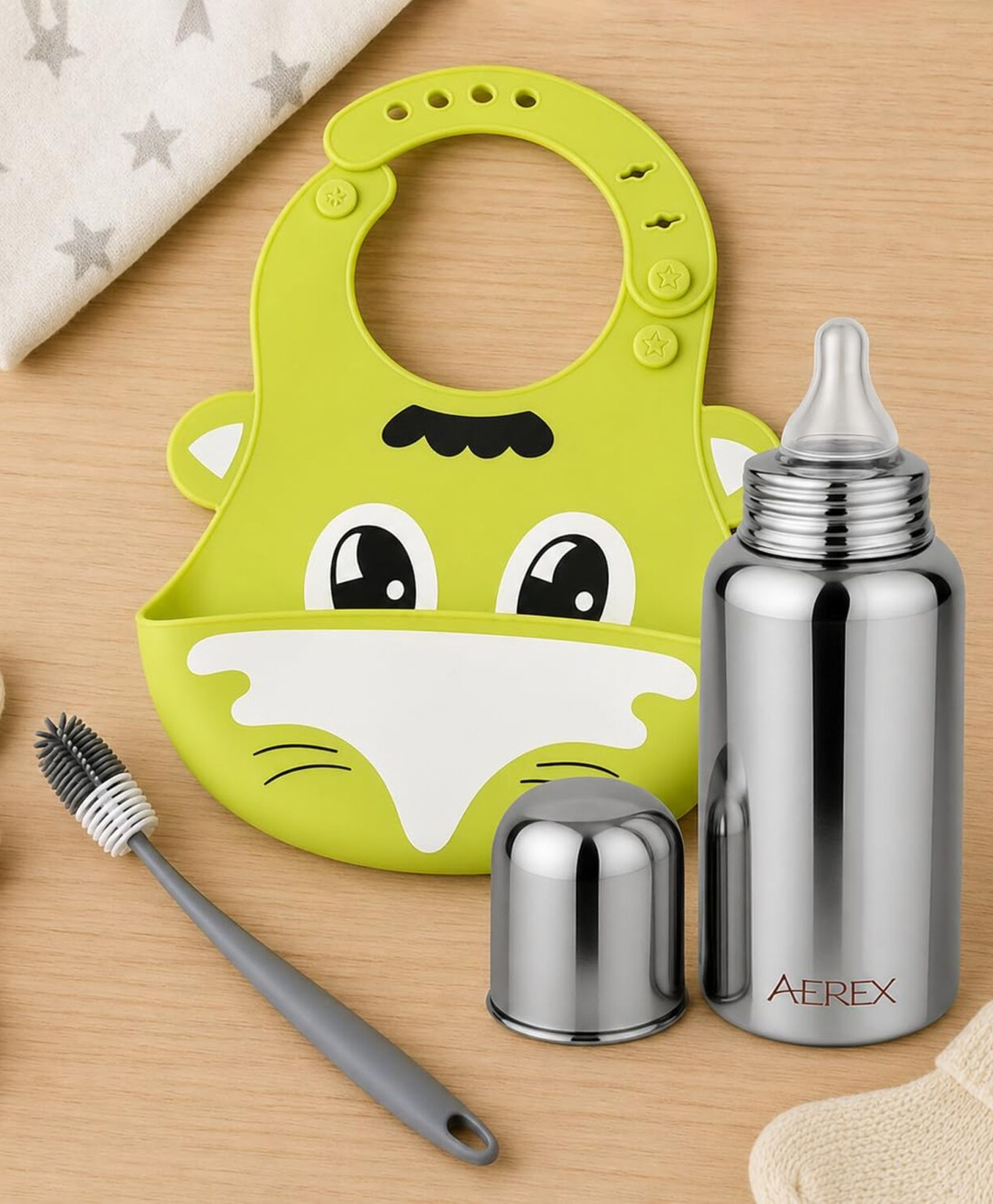 AEREX Baby Feeding Combo Set with Stainless Steel Feeding Bottle, Silicone Baby Bib, Bottle Cleaning Brush, Newborn Feeding Essentials Gift Set for Infants Toddlers Boys Girls (Green)-image-24