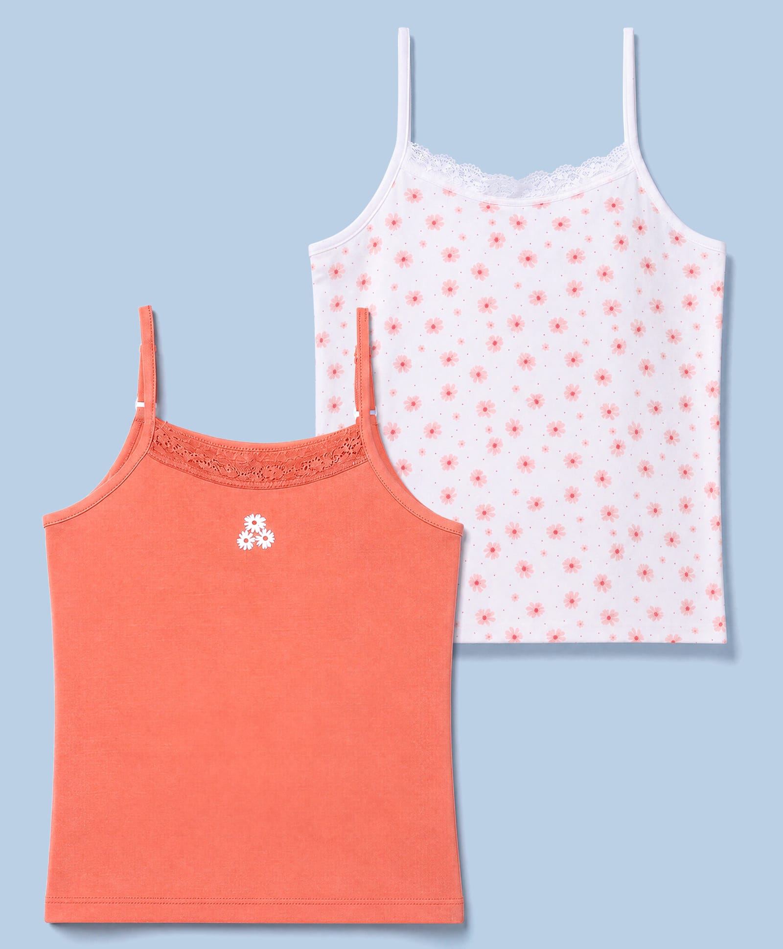 Honeyhap Premium Cotton Elastane Knit Sleeveless Slips with Floral Print & Bio Finish Pack of 2 - Bright White, Peach Echo-picture-16