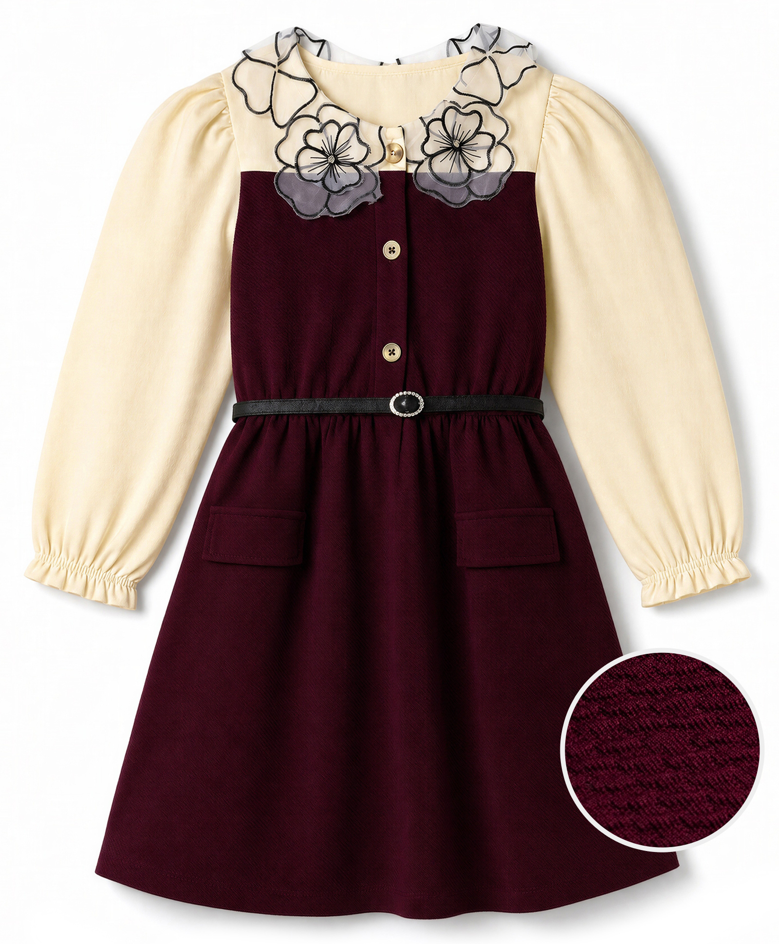 Hola Bonita Knit Floral Applique Dress and Belt with Full Sleeves - Wine-image-4