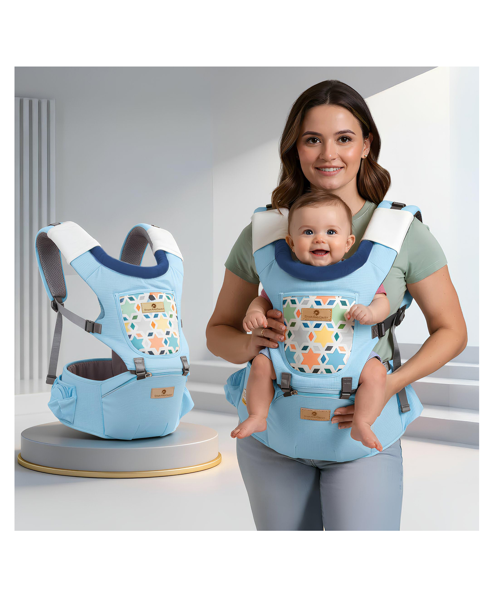 StarAndDaisy 4-in-1 Baby Carrier for 0 to 3 Year Baby/Kangaroo Bag with Comfortable Soft Hip Seat/Baby Carrier - 4 Carrying Positions, 2 Storage Pockets -Light Blue-picture-18