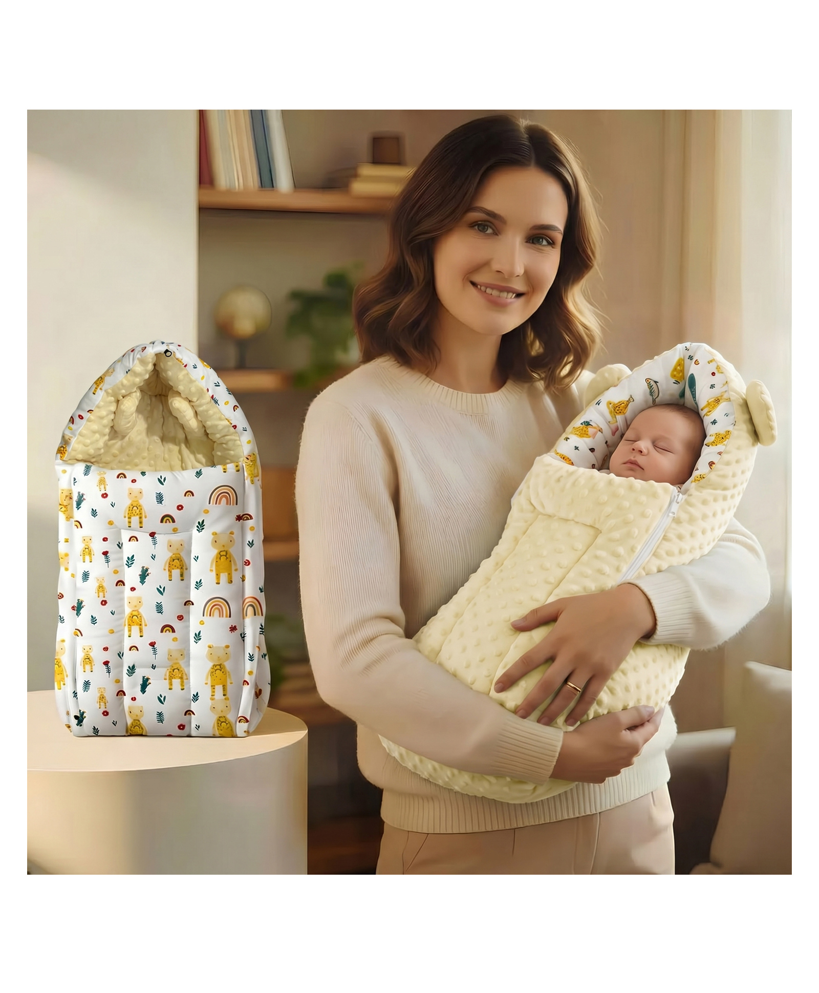 StarAndDaisy 3 in 1 Baby Sleeping Bag & Bedding Set For Newborn Baby, Soft, Comfortable, Foldable Washable,Cotton, Lightweight Giraffe Print- Yellow-image-0
