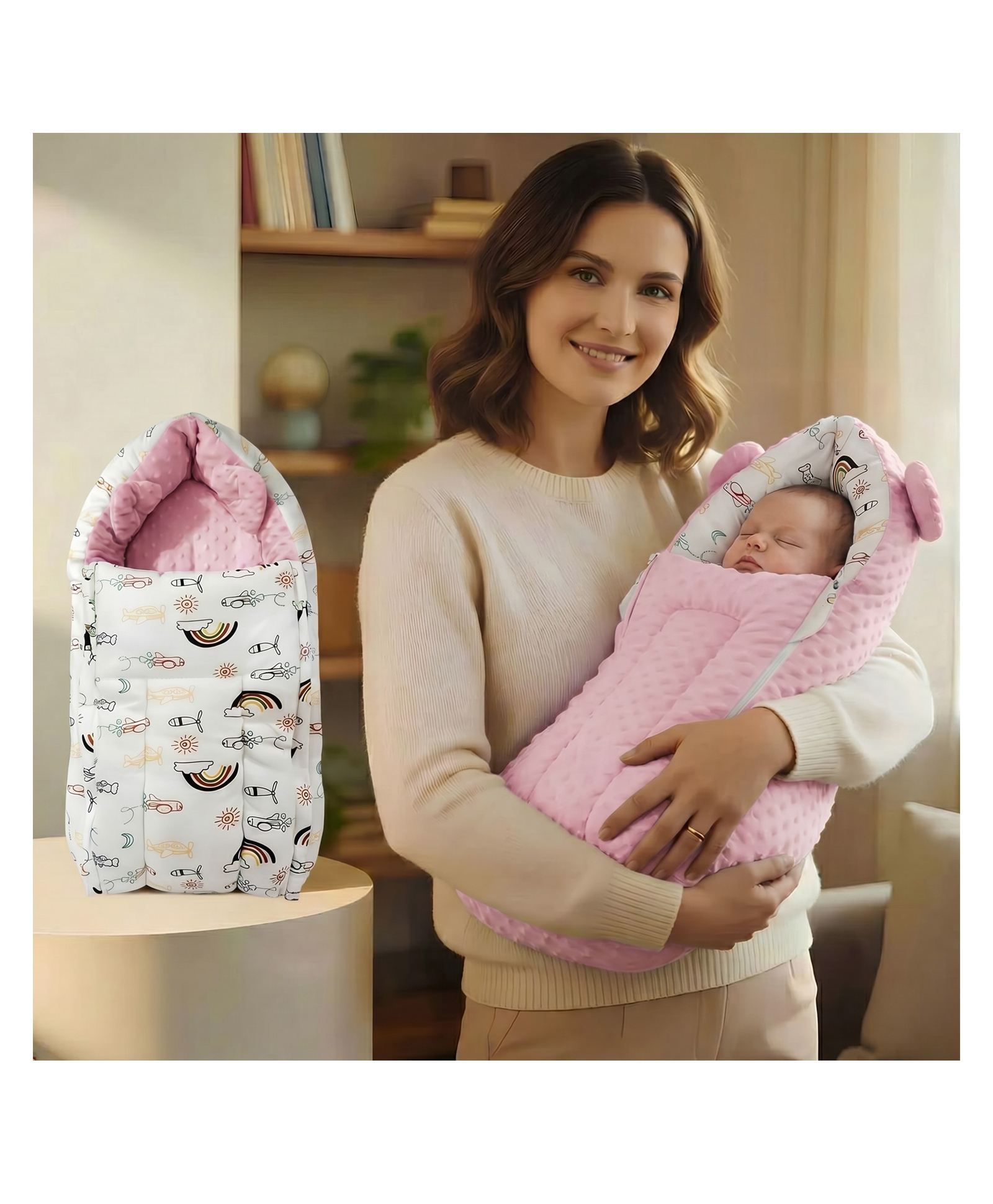 StarAndDaisy 3 in 1 Baby Sleeping Bag & Bedding Set For Newborn Baby, Soft, Comfortable, Foldable Washable,Cotton, Lightweight Rainbow Print- Pink-image-36