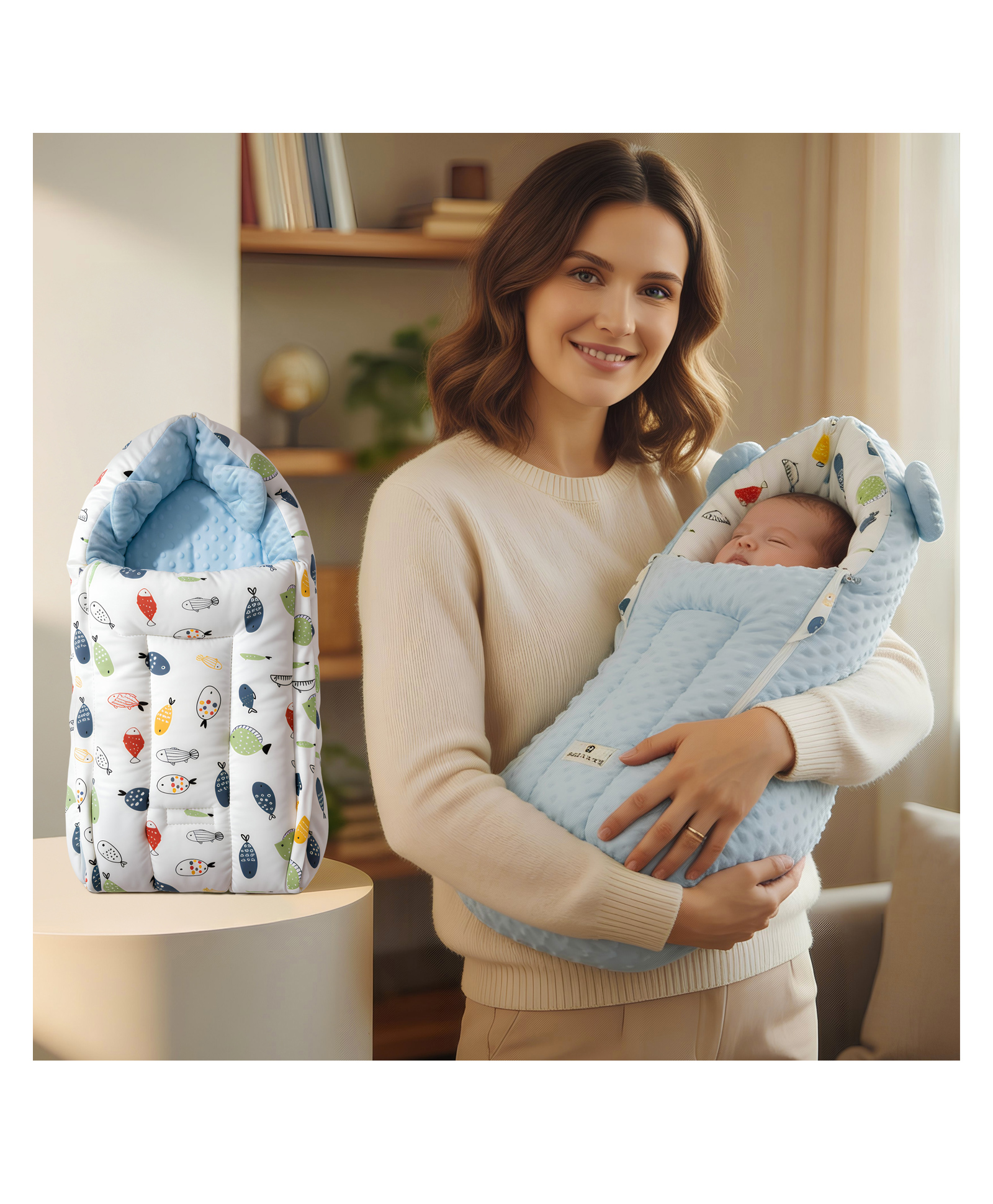StarAndDaisy 3 in 1 Baby Sleeping Bag & Bedding Set For Newborn Baby, Soft, Comfortable, Foldable Washable,Cotton, Lightweight Fish Print- White & Light Blue-image-38