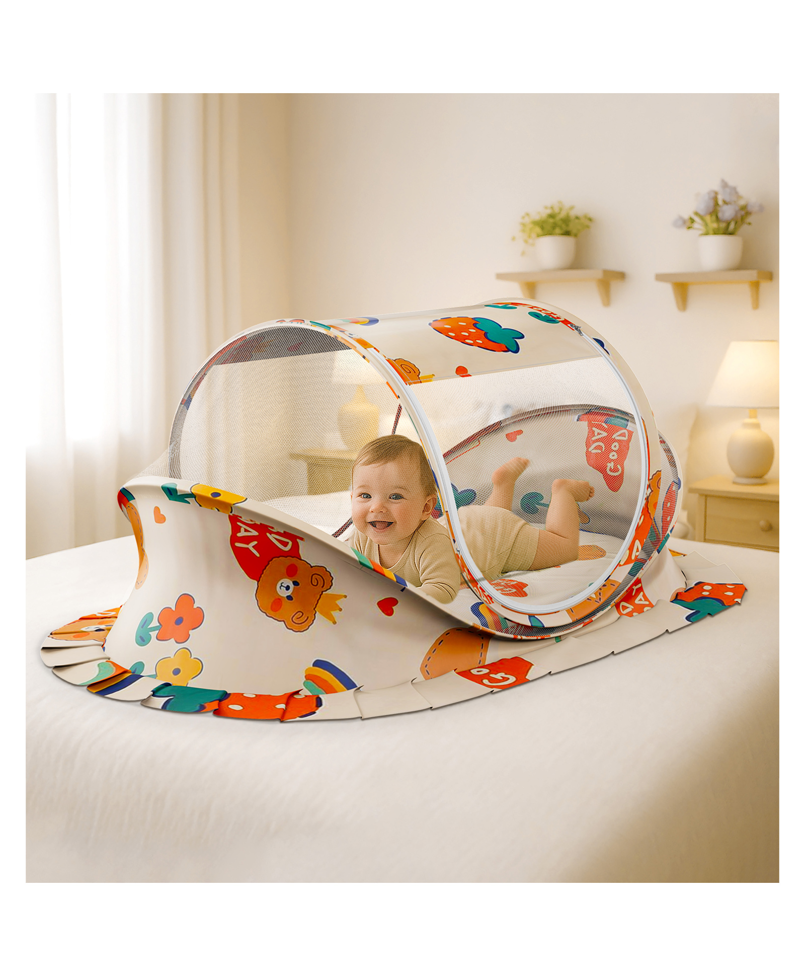 StarAndDaisy Baby Mosquito Net with 360° Widened Skirt Foldable Rust-Free 5-Point Frame Honeycomb Mesh for Full Protection, Teddy Print-image-1
