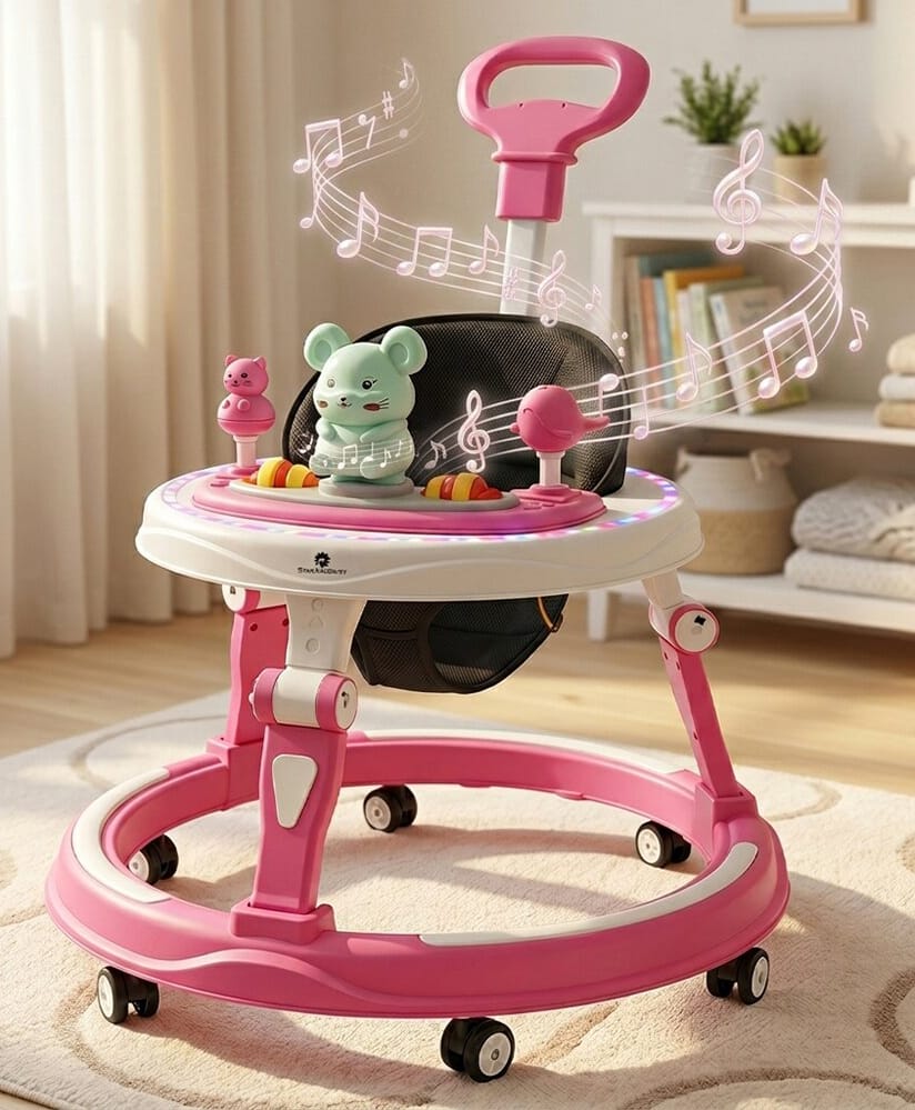 StarAndDaisy 360 Degree Baby Walker 7 Level Height Adjustment Walker for Kids Boy and Girl with Intergrated RGB Lights Switchable Food & Musical Toy Tray Premium Baby Activity Walker with Parent Rod - Pink-picture-11
