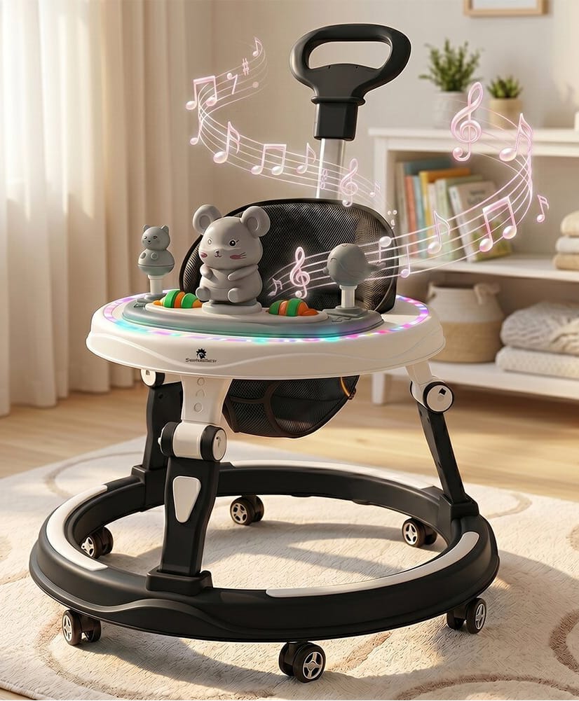StarAndDaisy 360 Degree Baby Walker 7 Level Height Adjustment Walker for Kids Boy and Girl with Intergrated RGB Lights Switchable Food & Musical Toy Tray Premium Baby Activity Walker with Parent Rod - Black-picture-13