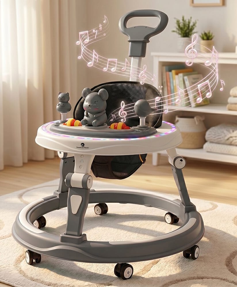 StarAndDaisy 360 Degree Baby Walker 7 Level Height Adjustment Walker for Kids Boy and Girl with Intergrated RGB Lights Switchable Food & Musical Toy Tray Premium Baby Activity Walker with Parent Rod - Grey-picture-12