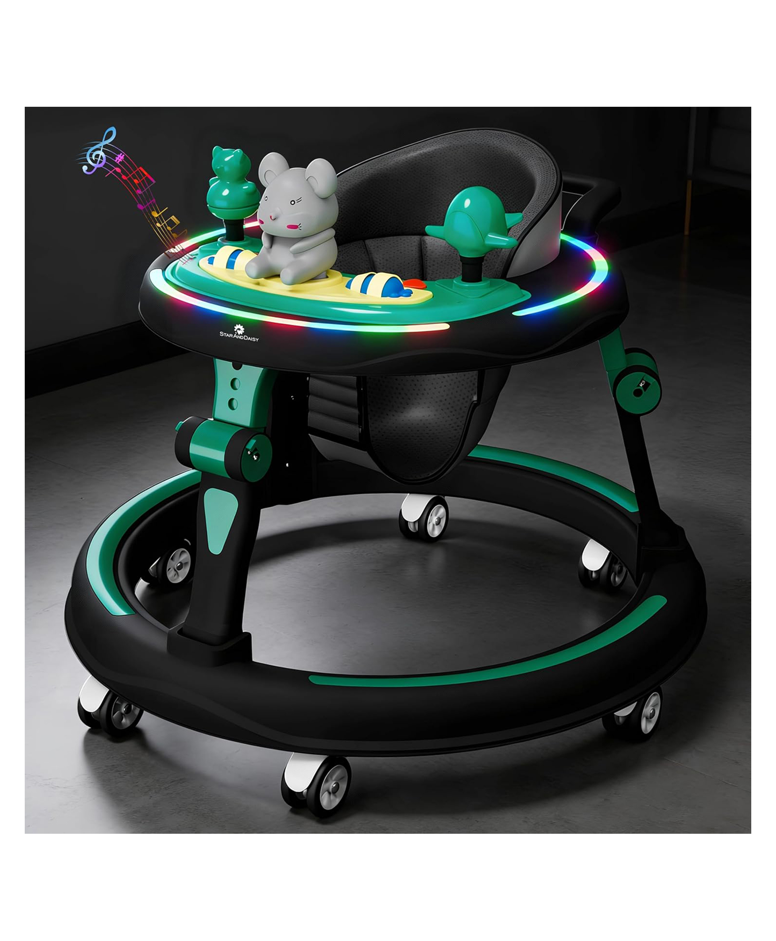 StarAndDaisy Baby Walkers for 6-18 Month Baby boy 360° Walker for Kids for 6 to 18 Months with RGB Light, 7 Level Height Adjustment, Baby Walker with Switchable Food & Musical Toy Tray -Green Black-image-47