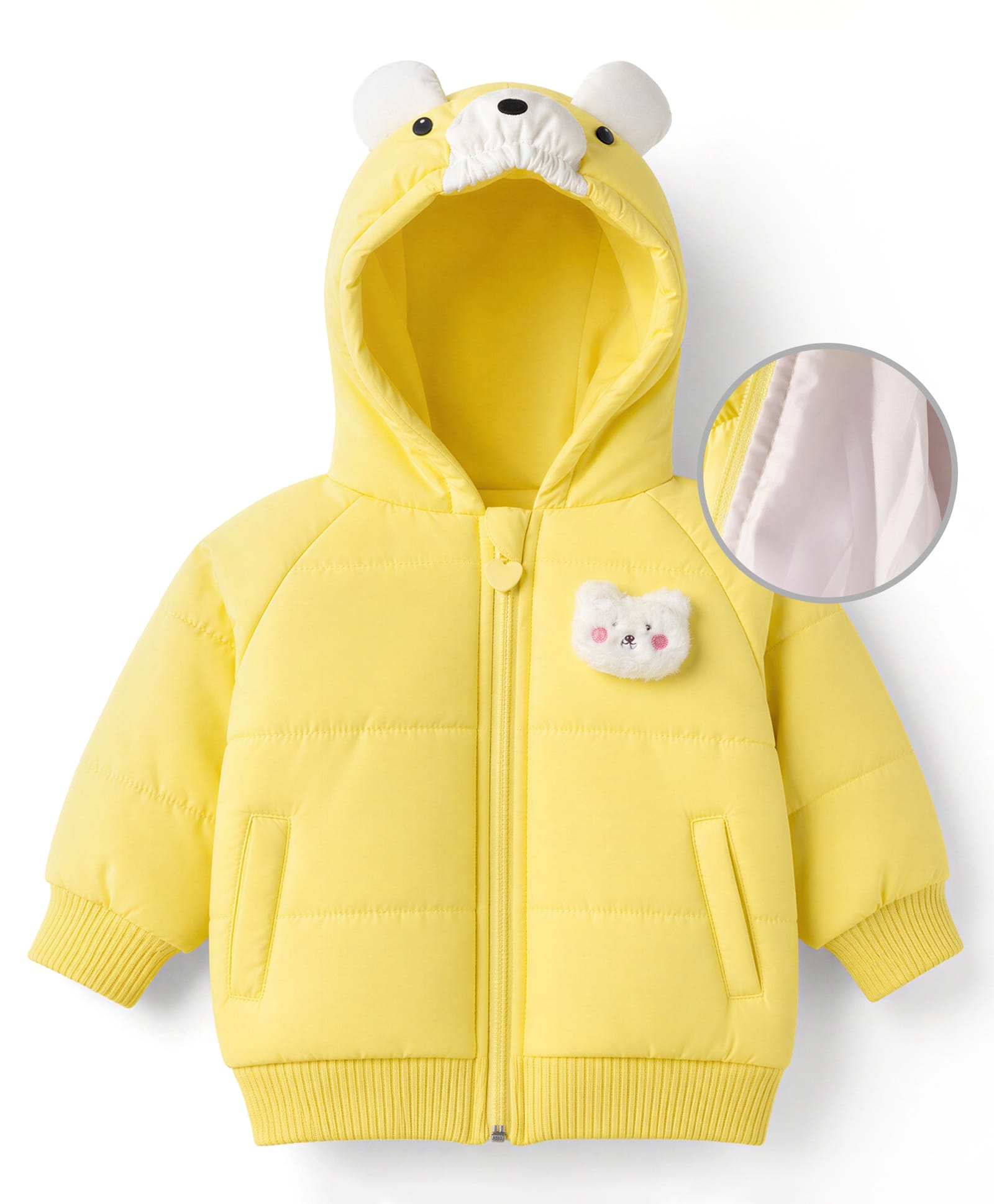 Babyoye Woven Padded Winter Jacket with Full Sleeves and Bear Applique - Yellow-image-9
