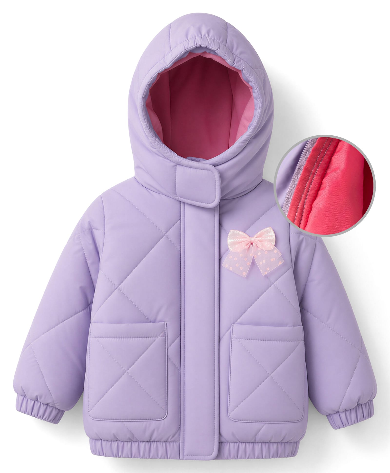 Babyoye Woven Padded/Quilted/Winter Jacket with Full Sleeves and Bow Applique Purple-image-18