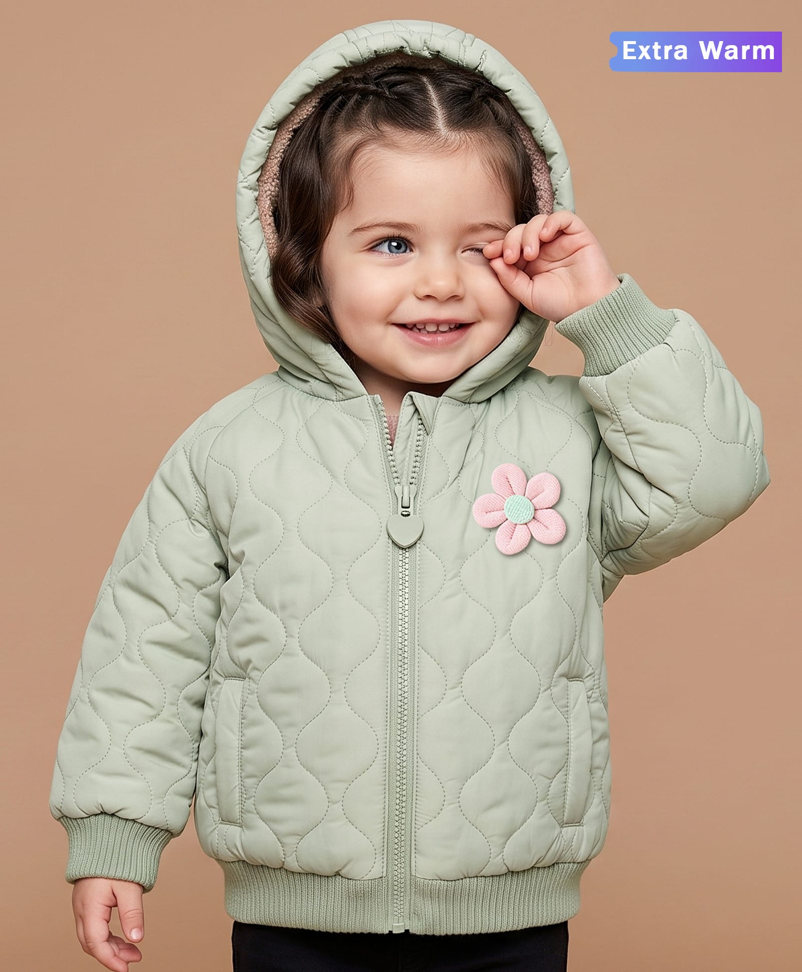 Babyoye Woven Full Raglan Sleeves Solid Colour Hooded Padded Jacket with Taffeta Inner Lining & Floral Applique - Mint-image-10