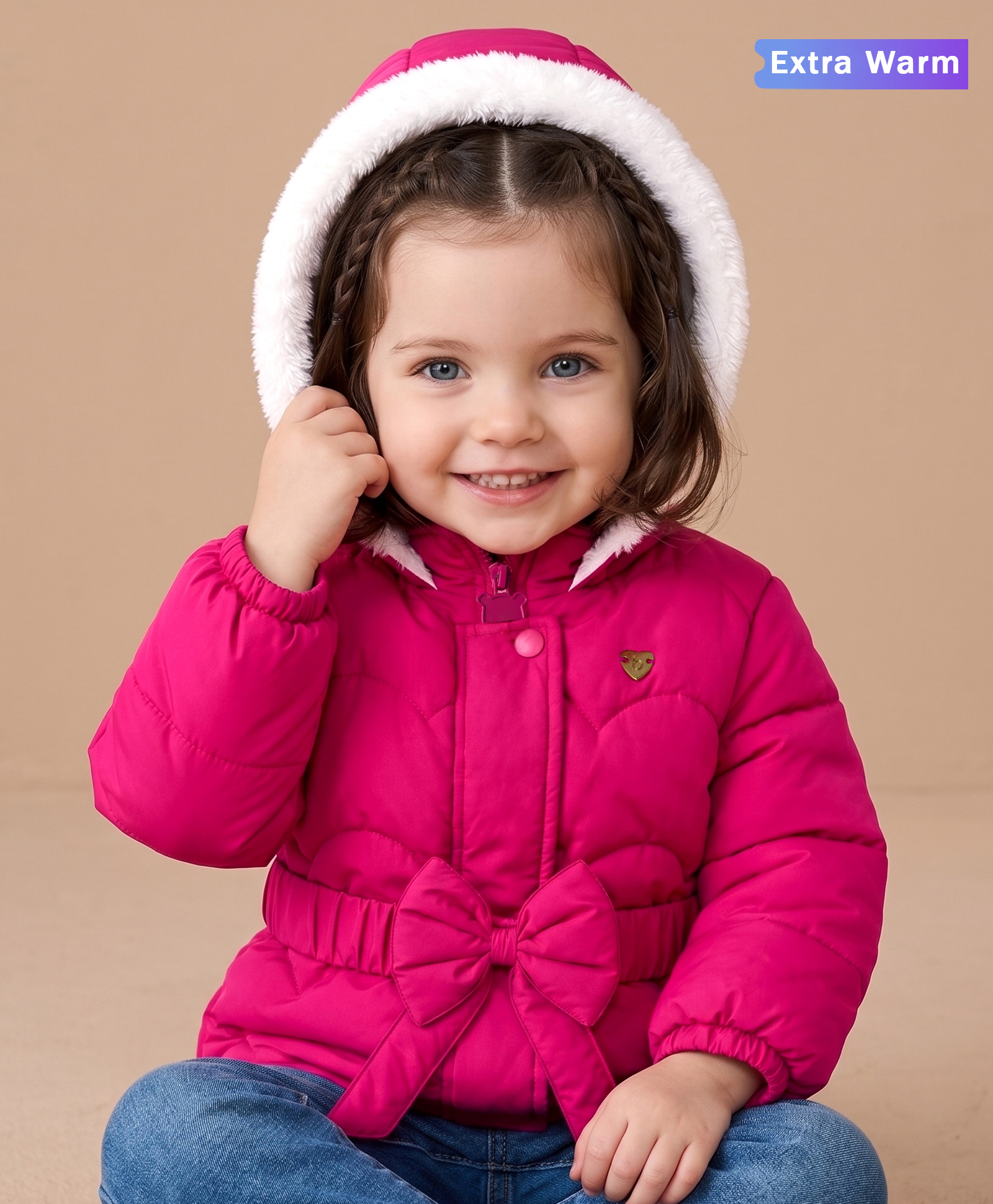 Babyoye Woven Full Sleeves Solid Colour Hooded Padded Jacket with Taffeta Inner Lining & Bow Applique - Dark Pink-picture-35